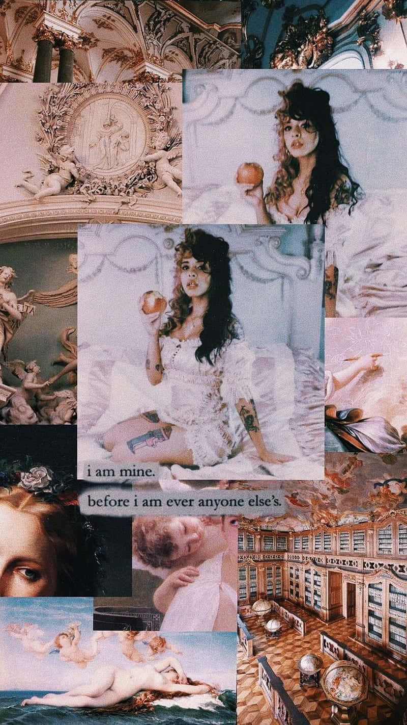 Collage of photos of a girl, herself, and a library - Melanie Martinez