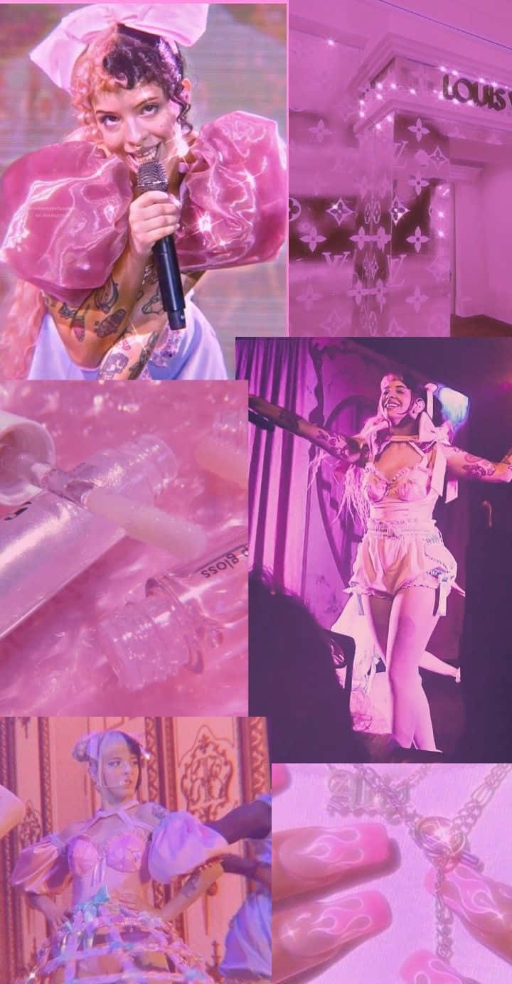 A collage of pictures with pink backgrounds - Melanie Martinez