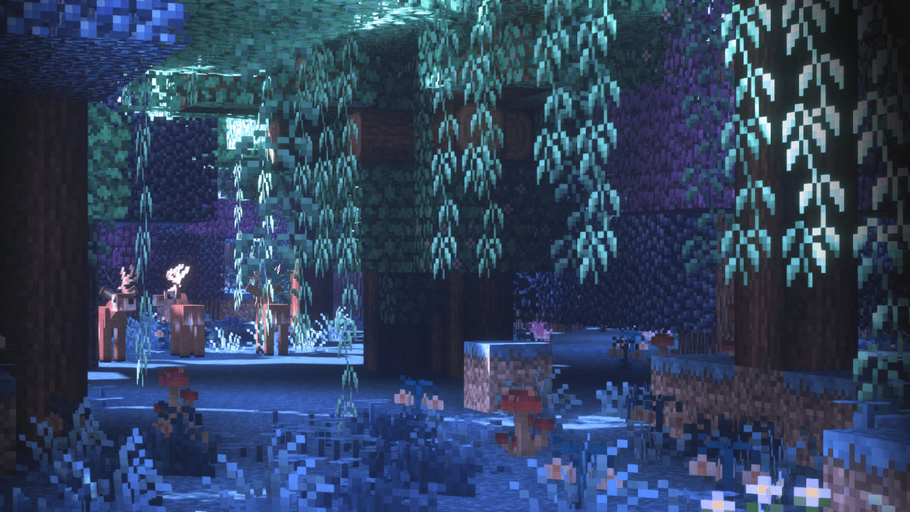 Minecraft screenshot of a snowy cave with a deer and a fox. - Minecraft