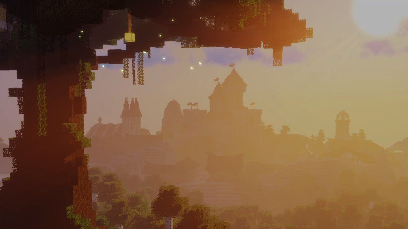 A screenshot of a Minecraft castle at sunset - Minecraft