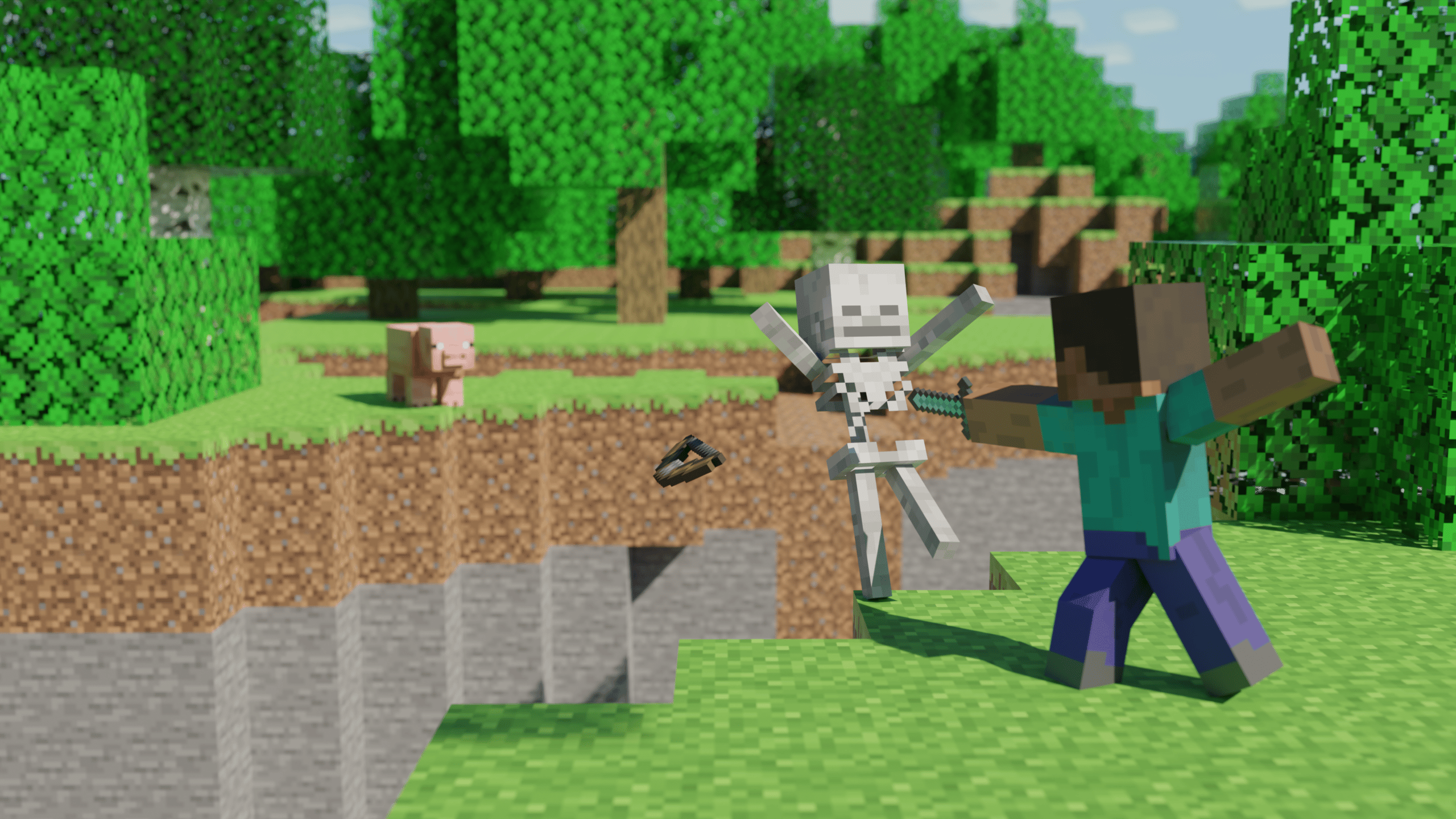 Minecraft characters fight off a zombie in a pixelated world. - Minecraft