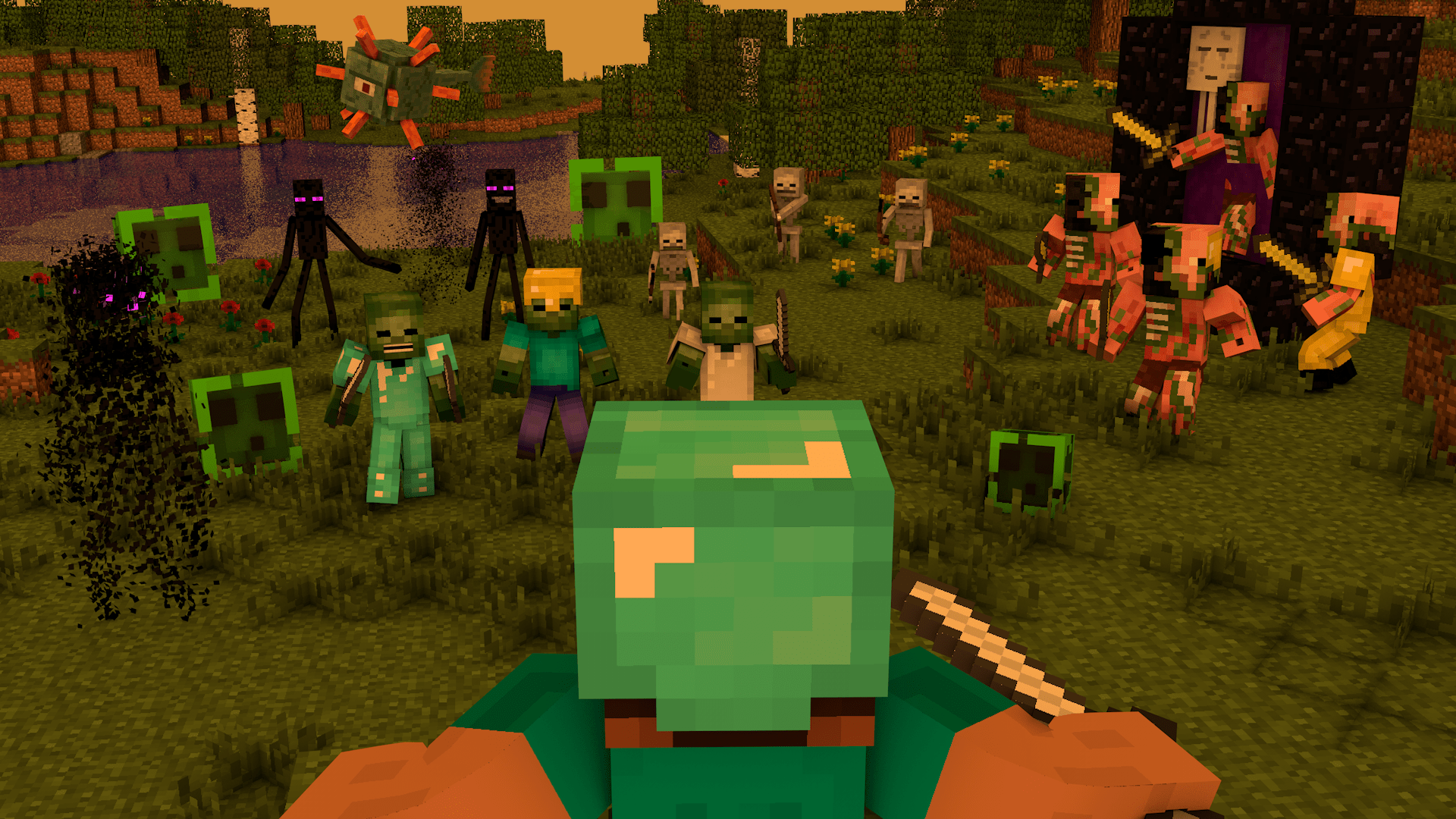 A Minecraft character stands in front of a group of zombies. - Minecraft, gaming