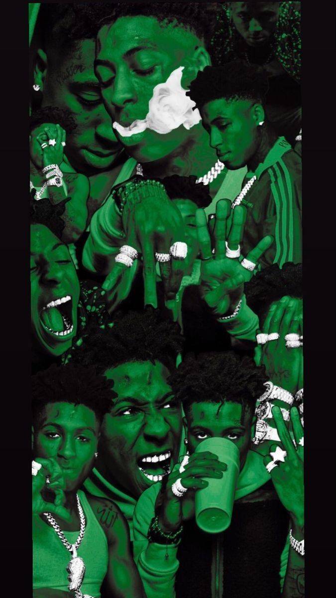 The green and black poster with many faces - 