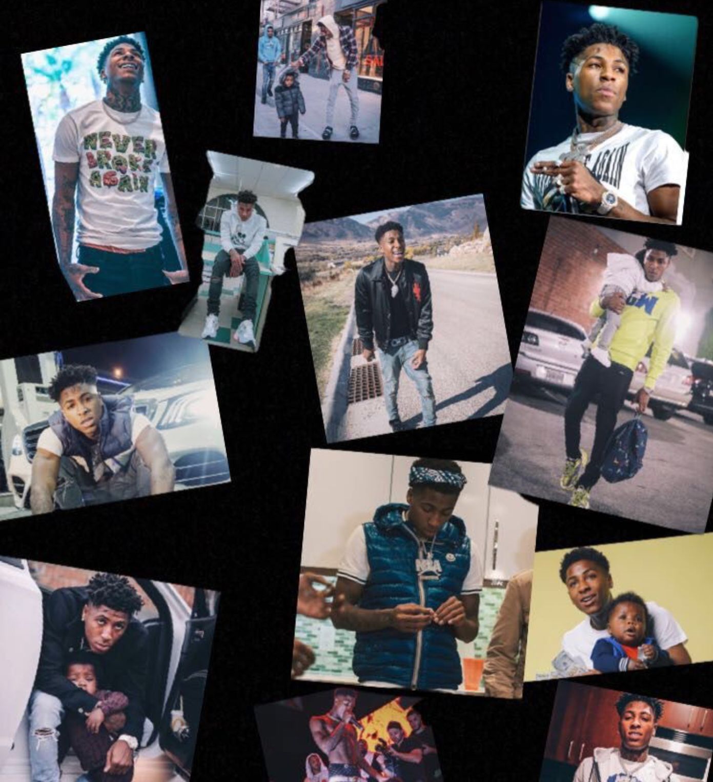 A collage of pictures of NBA YoungBoy, a Black man with tattoos and a goatee, in various outfits and poses. - 