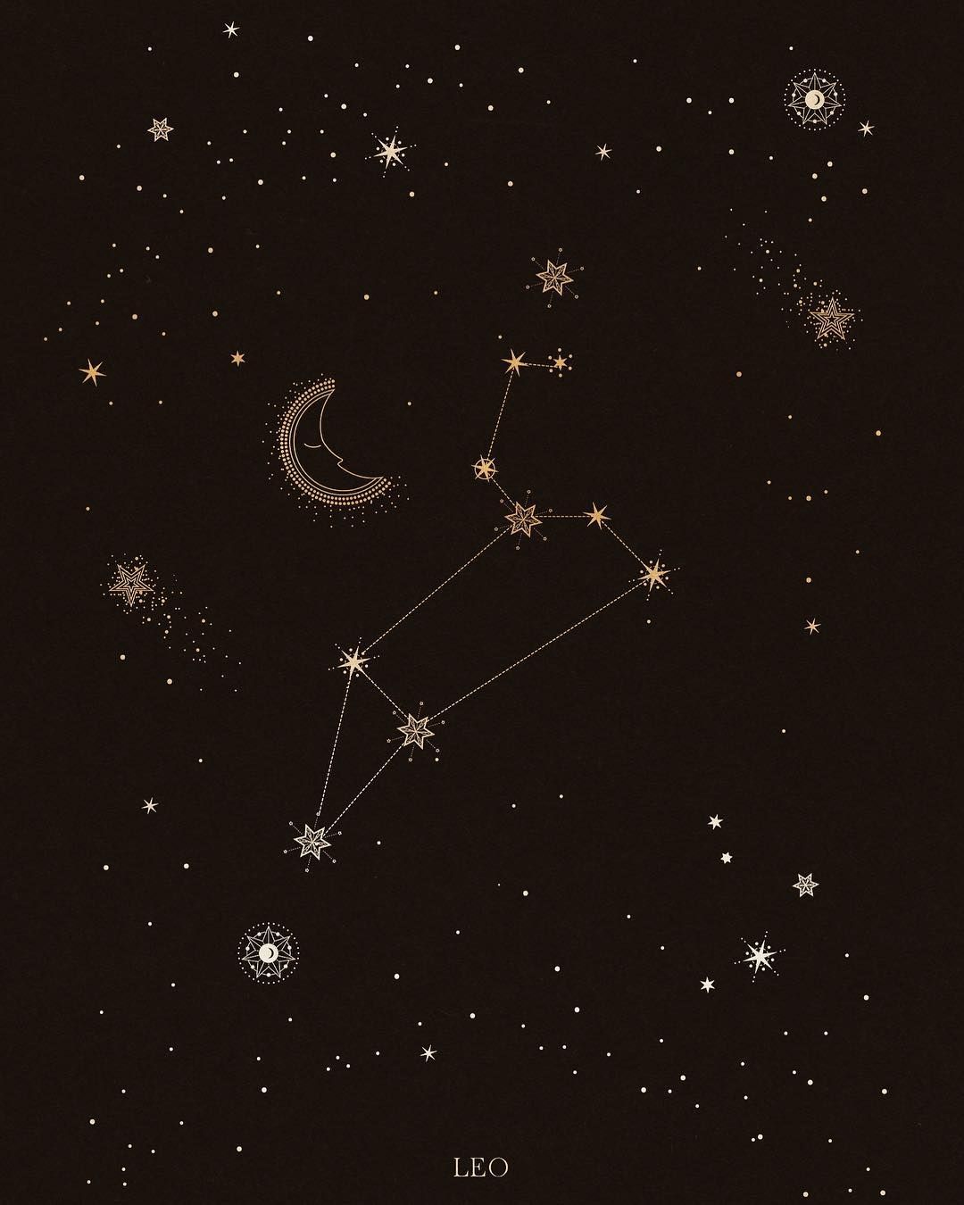 A black and white Leo zodiac sign illustration on a black background - Constellation, Leo