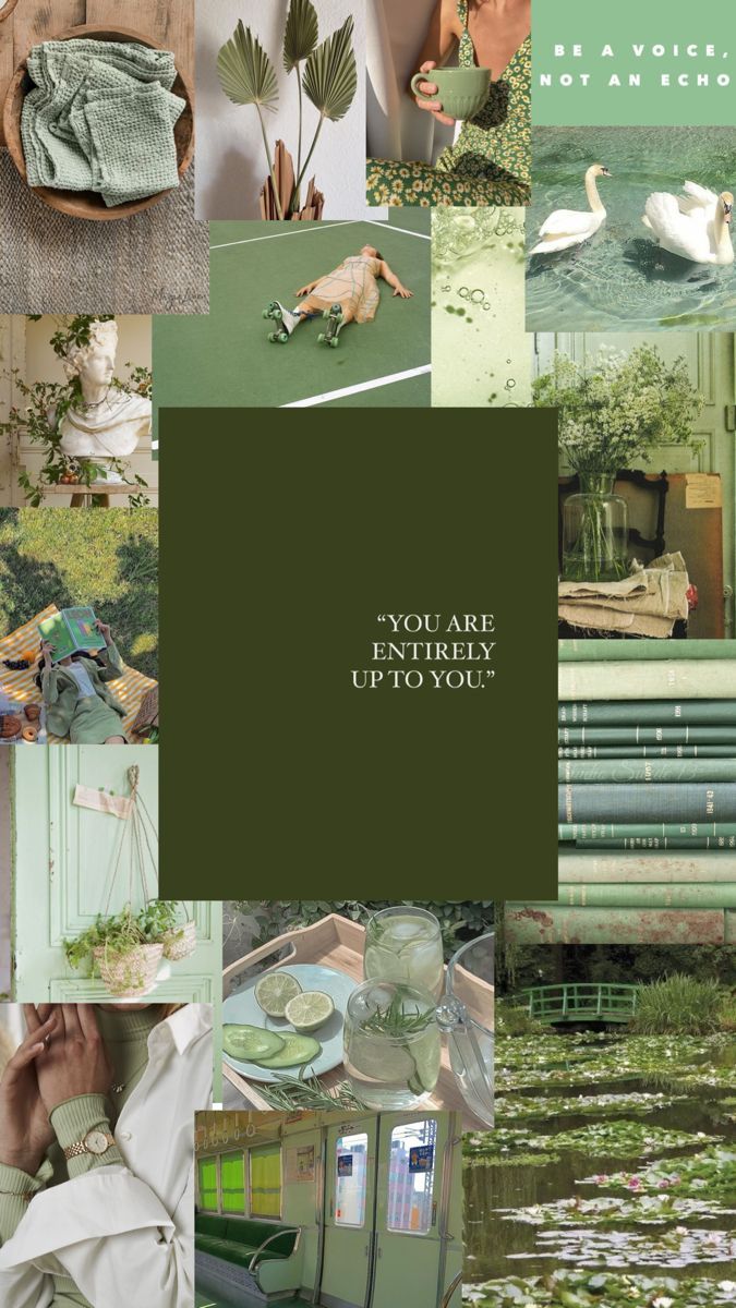 A collage of green and white images including plants, books, and a quote. - Green