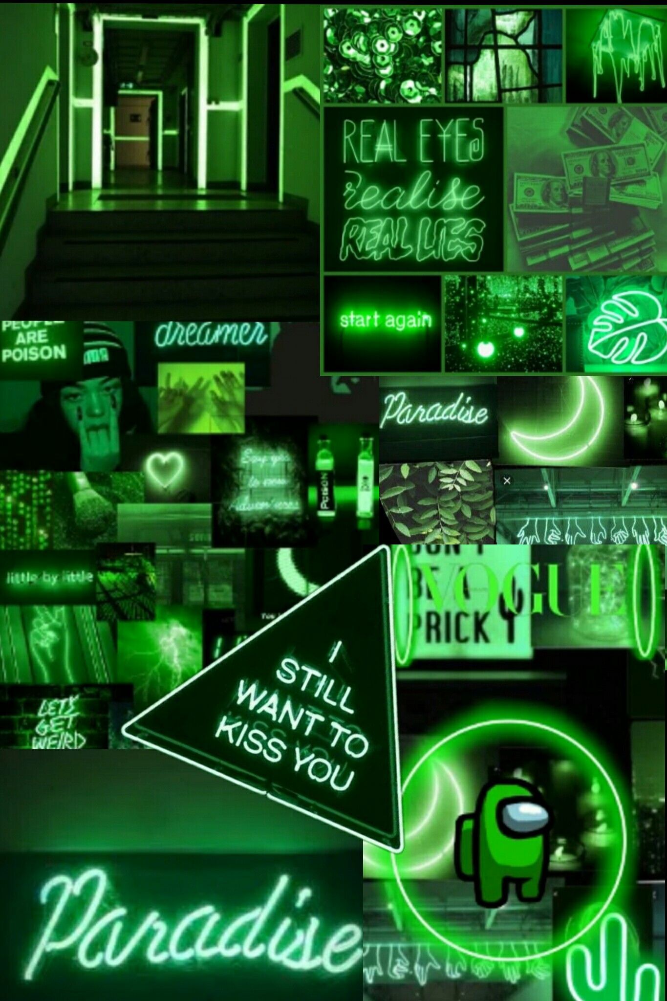 A collage of green neon signs with different messages - Green, neon green, lime green