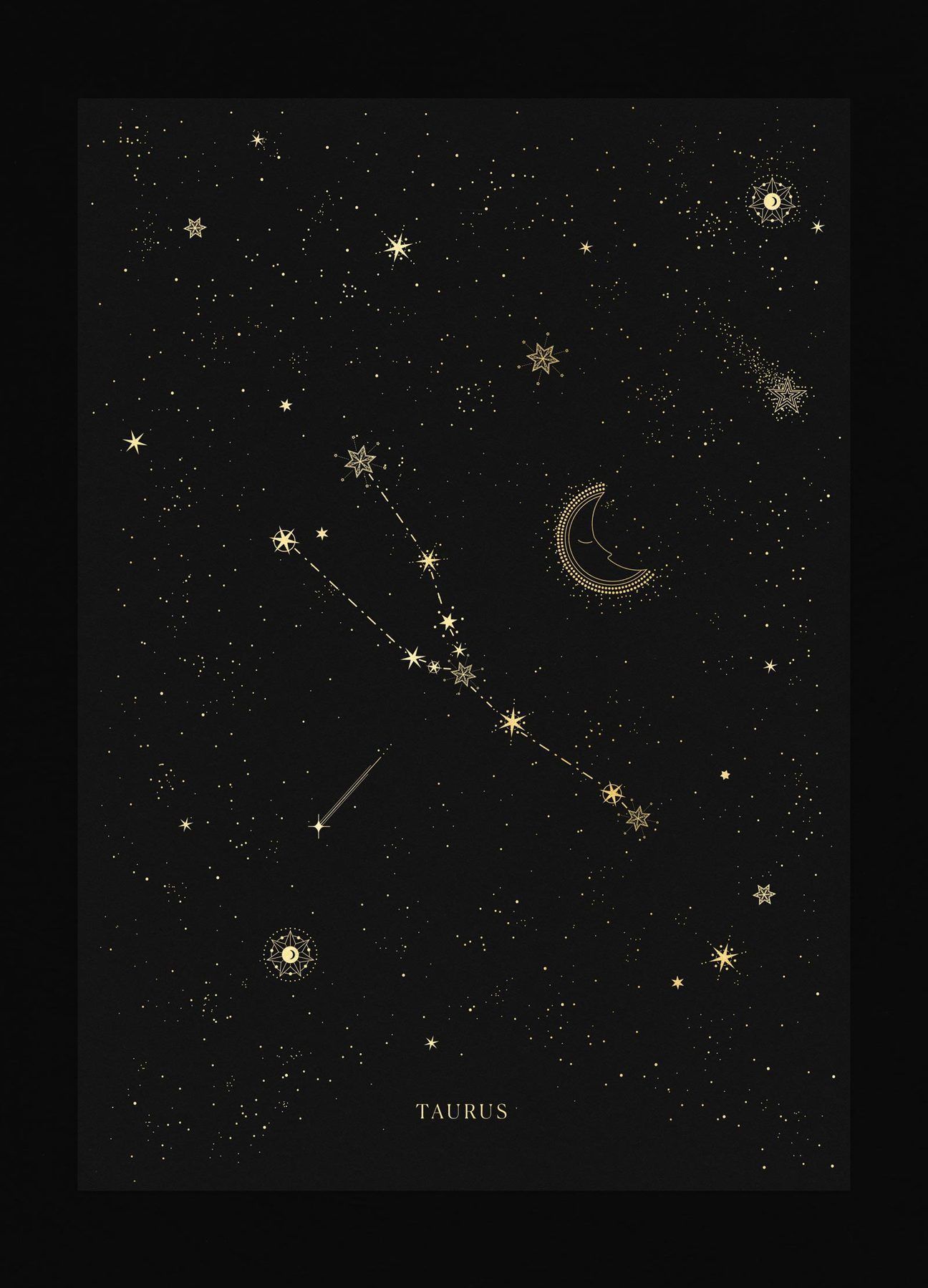 A black and gold poster with stars on it - Constellation