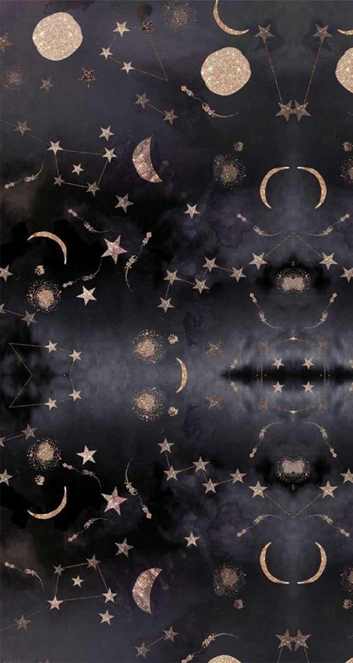 A black and gold watercolor wallpaper with constellations and moon phases. - Constellation