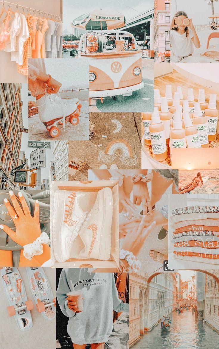 A collage of pictures with orange and white backgrounds - Preppy