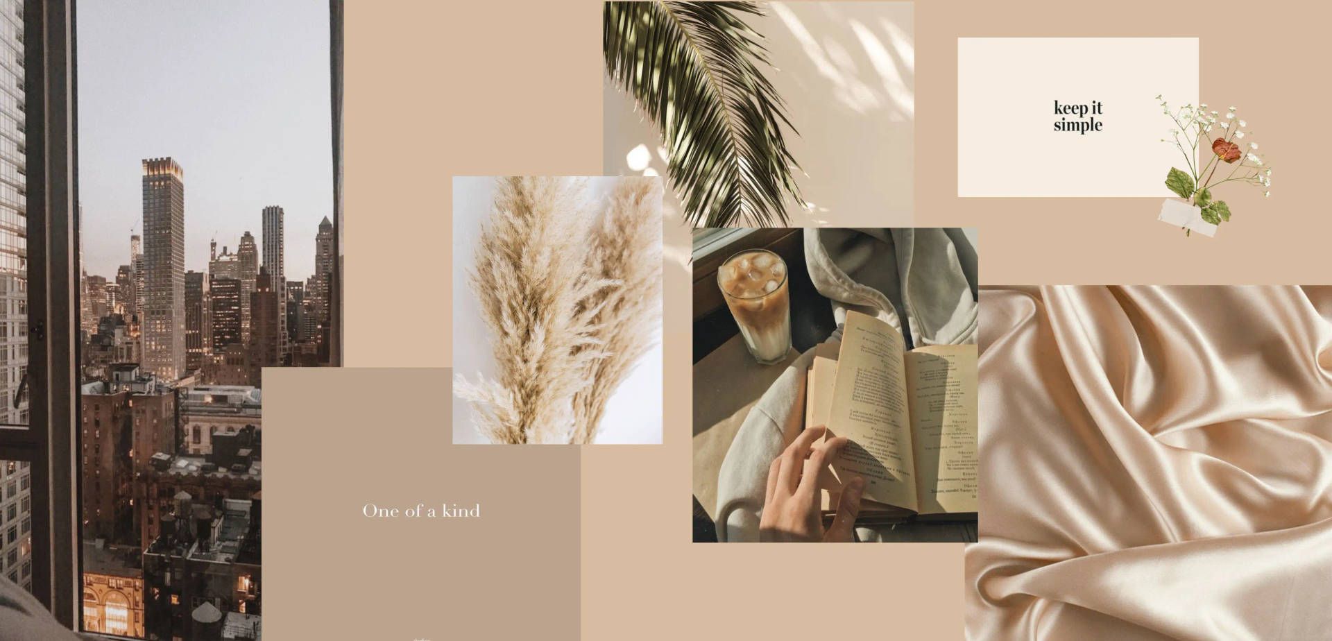 A collage of images including a city skyline, plants, and someone reading a book. - Beige