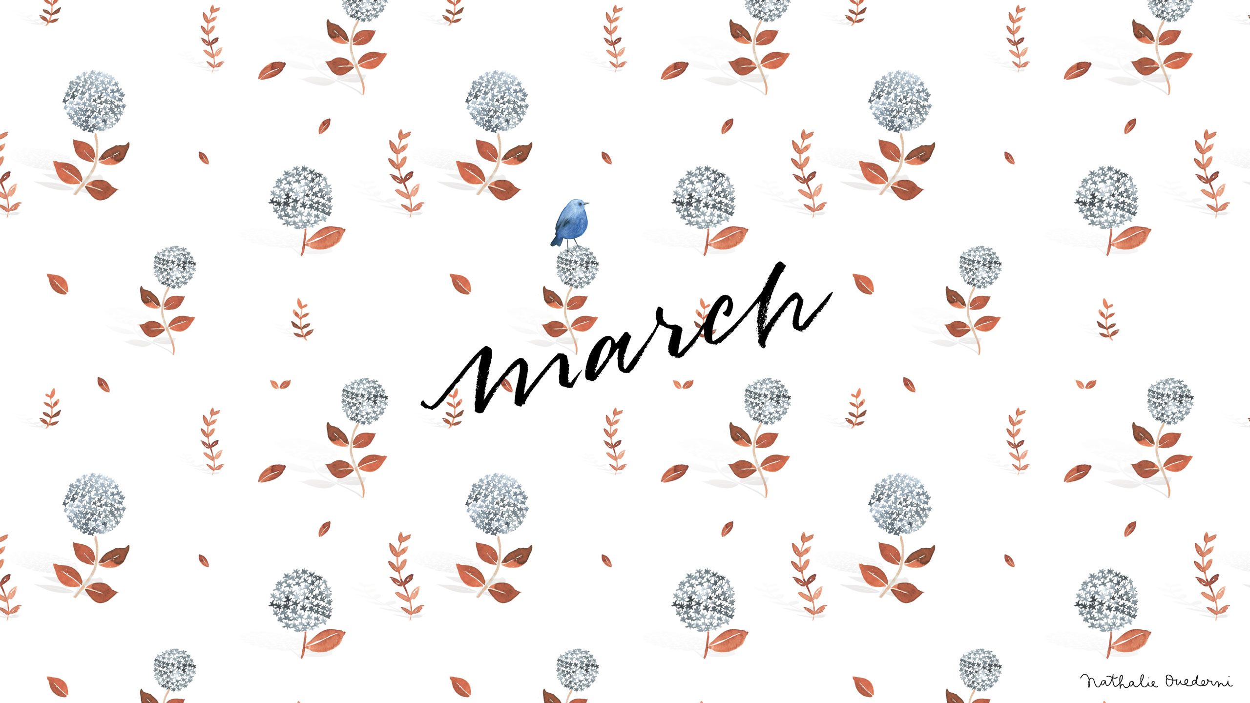 A March wallpaper with blue birds and flowers. - March
