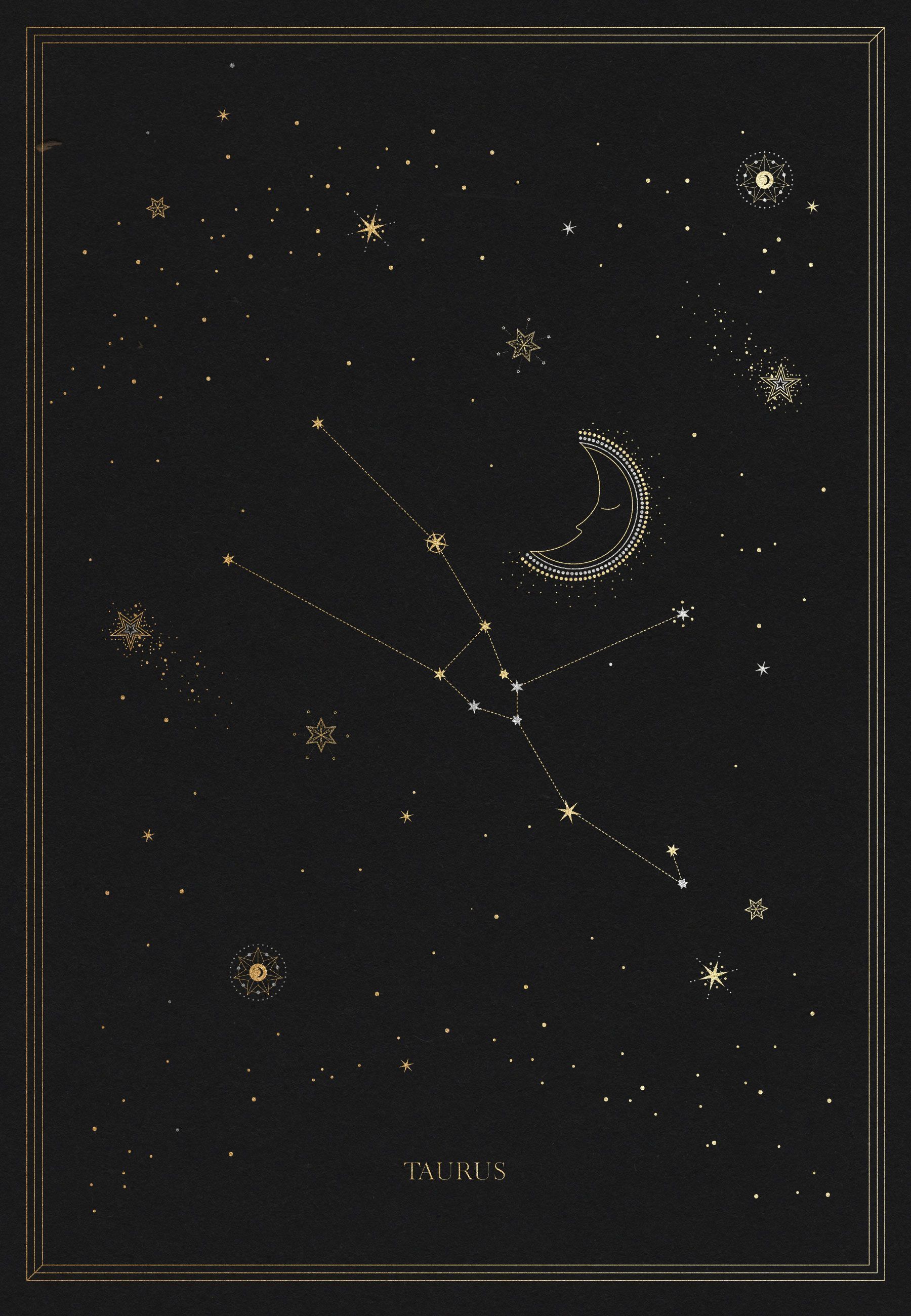 A black poster with gold stars and the constellation Taurus. - Constellation, Taurus