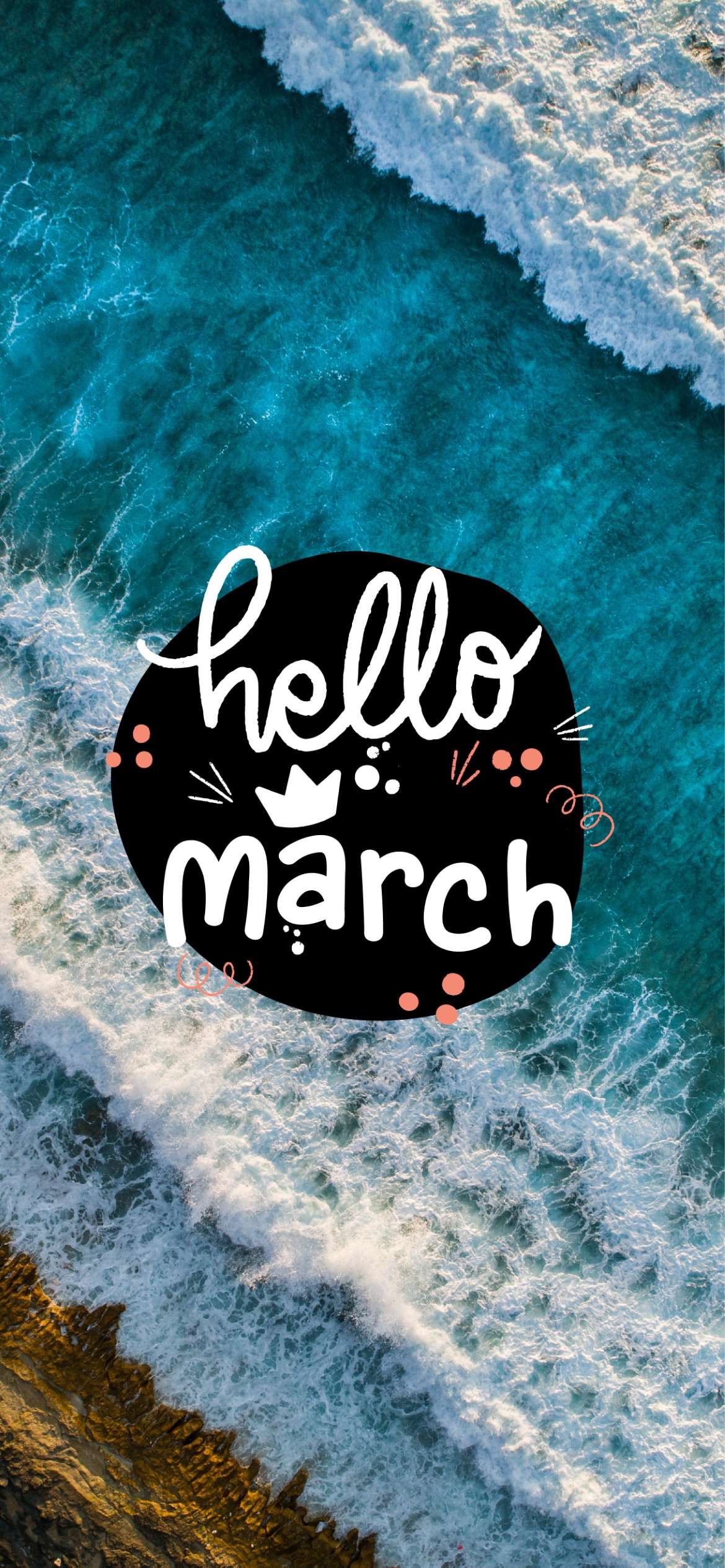 A black and white image of the ocean with hello march written on it - March