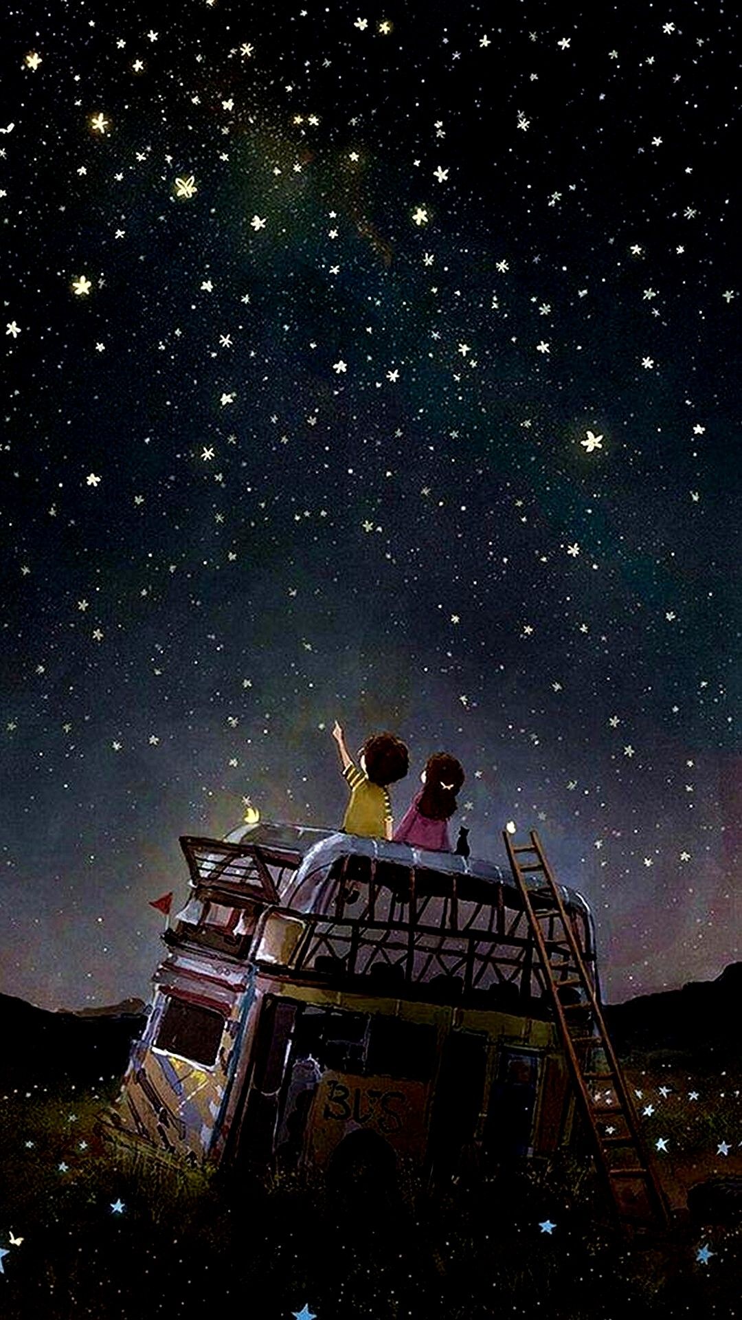 A couple of people are on top an old bus - Constellation, stars