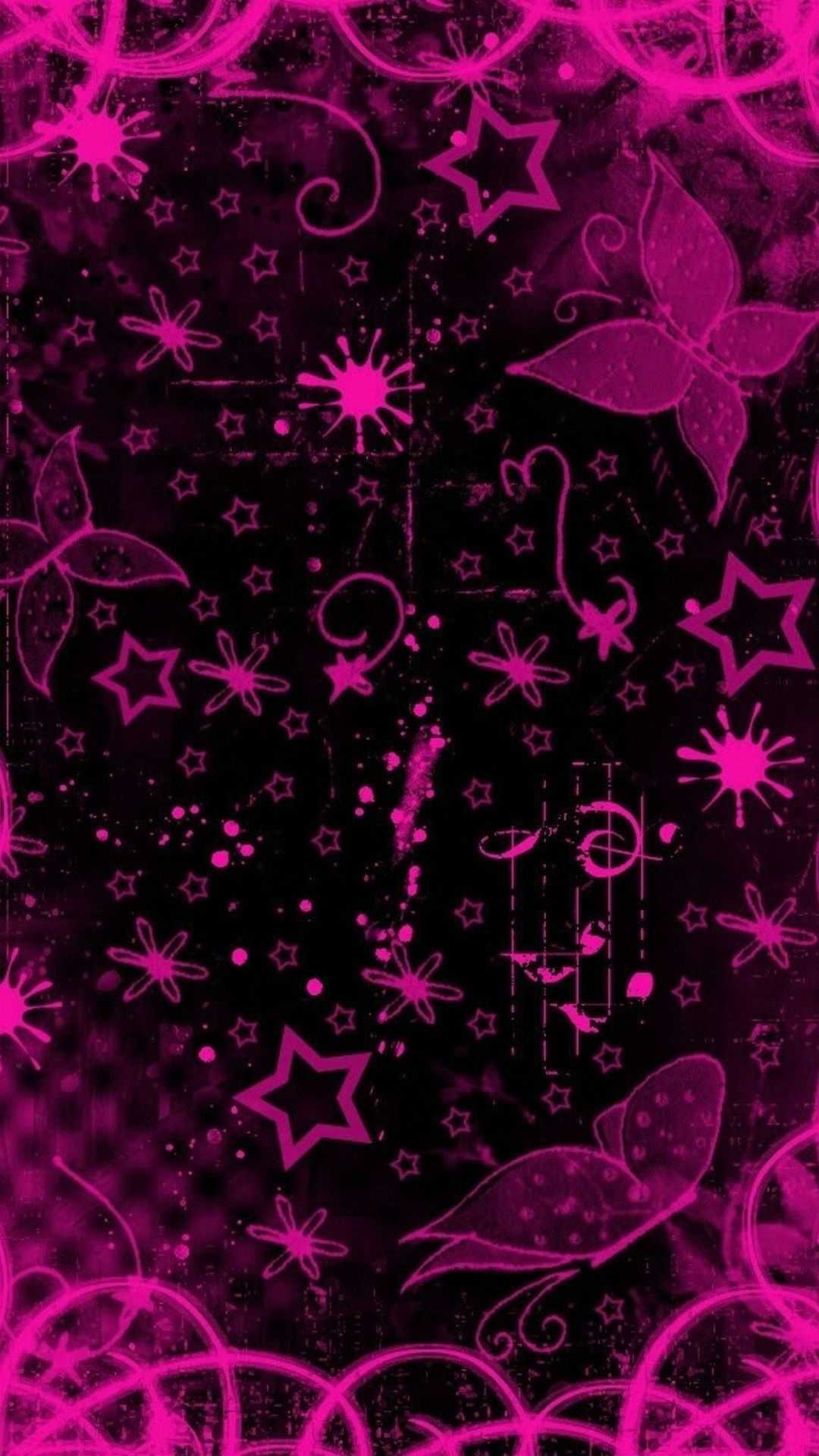 Pink and black background with stars, hearts - Emo