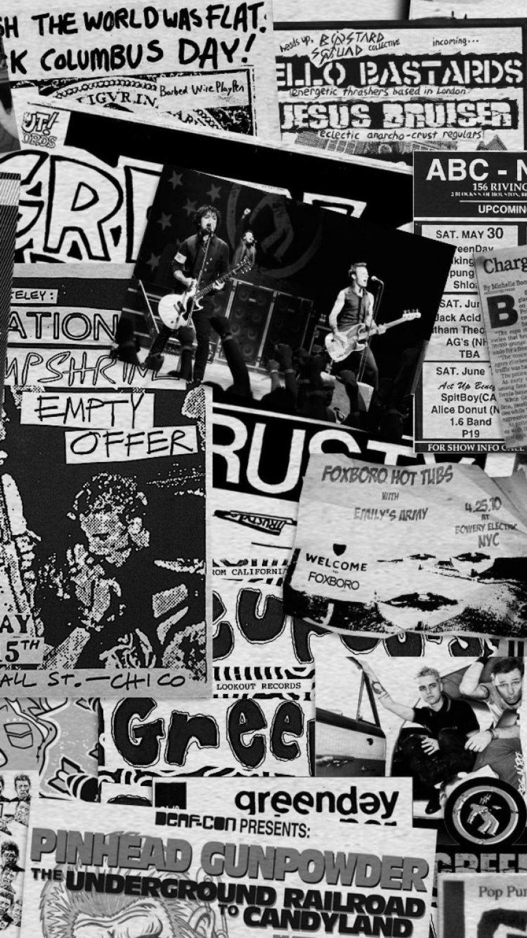A black and white photo of a wall covered in posters for punk shows. - Punk, emo, rock