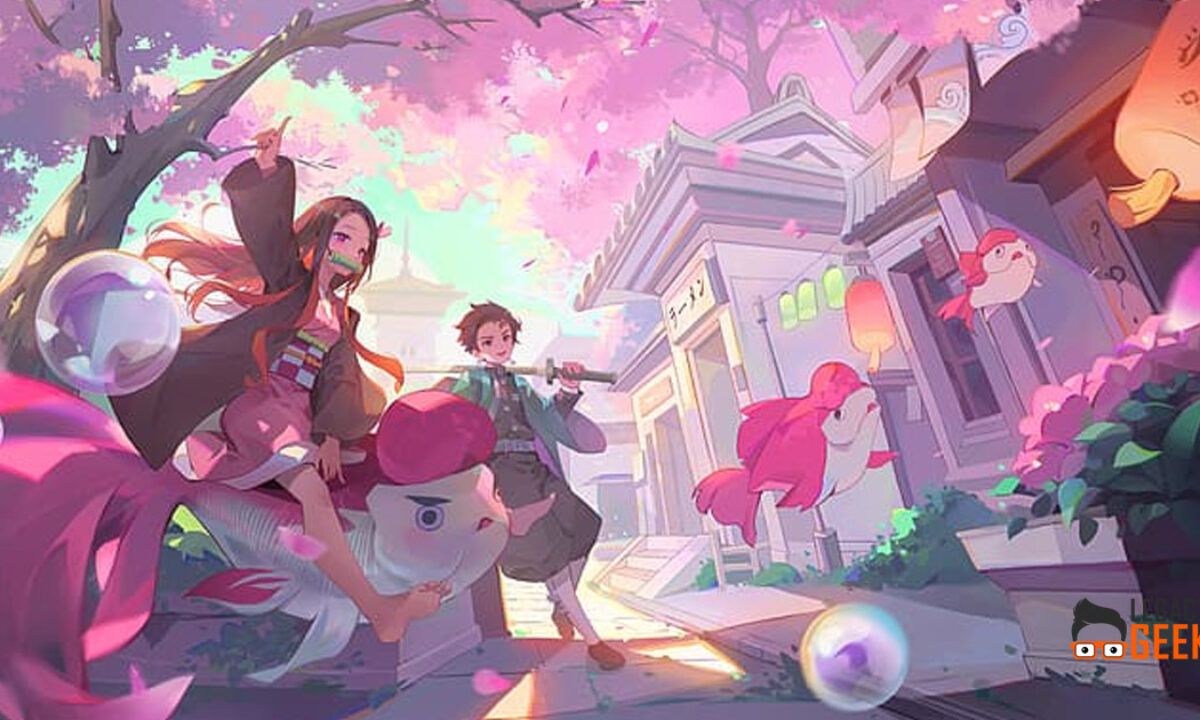 The girl with a pink dress and her friends are walking through an alley - Demon Slayer