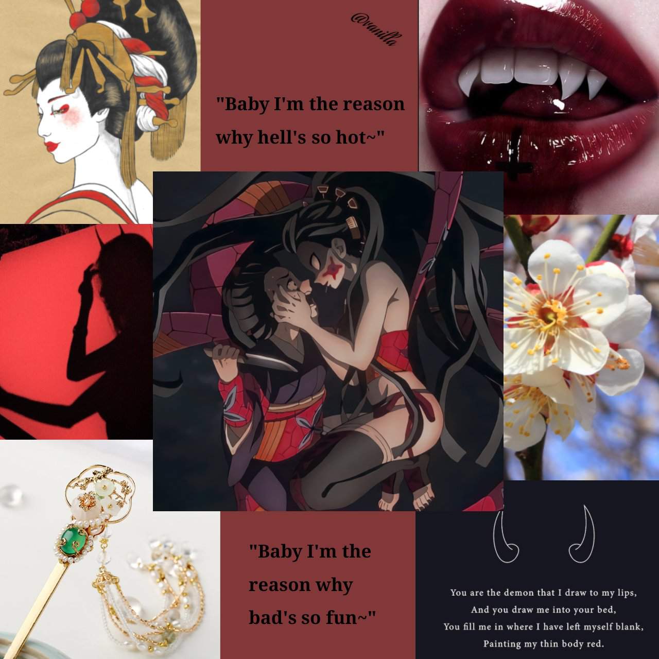 Collage of images including a geisha, a demon, a quote, and a flower - Demon Slayer