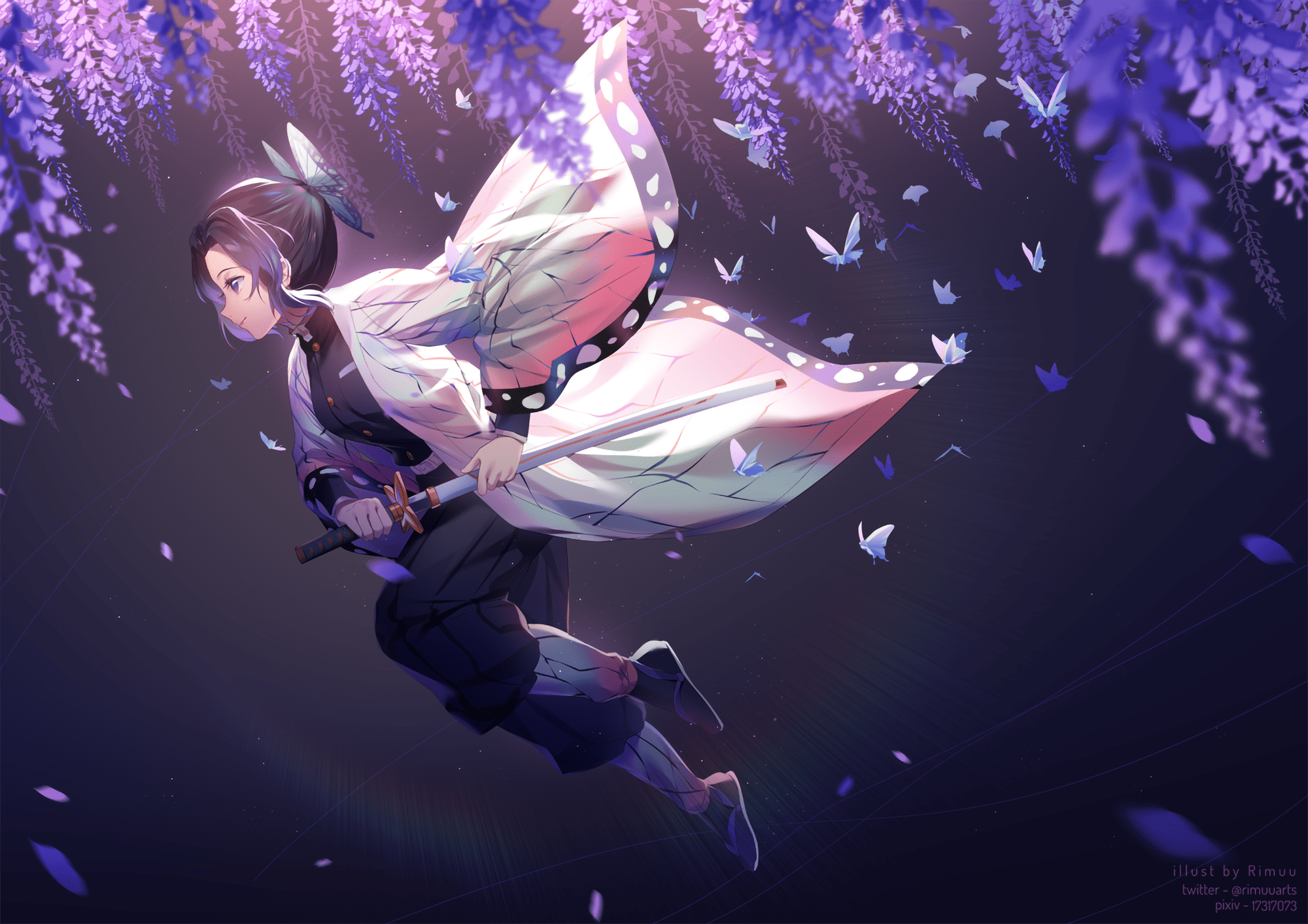 A girl with a sword and a flowing white and purple dress flies through the air, surrounded by purple flowers and butterflies. - Demon Slayer