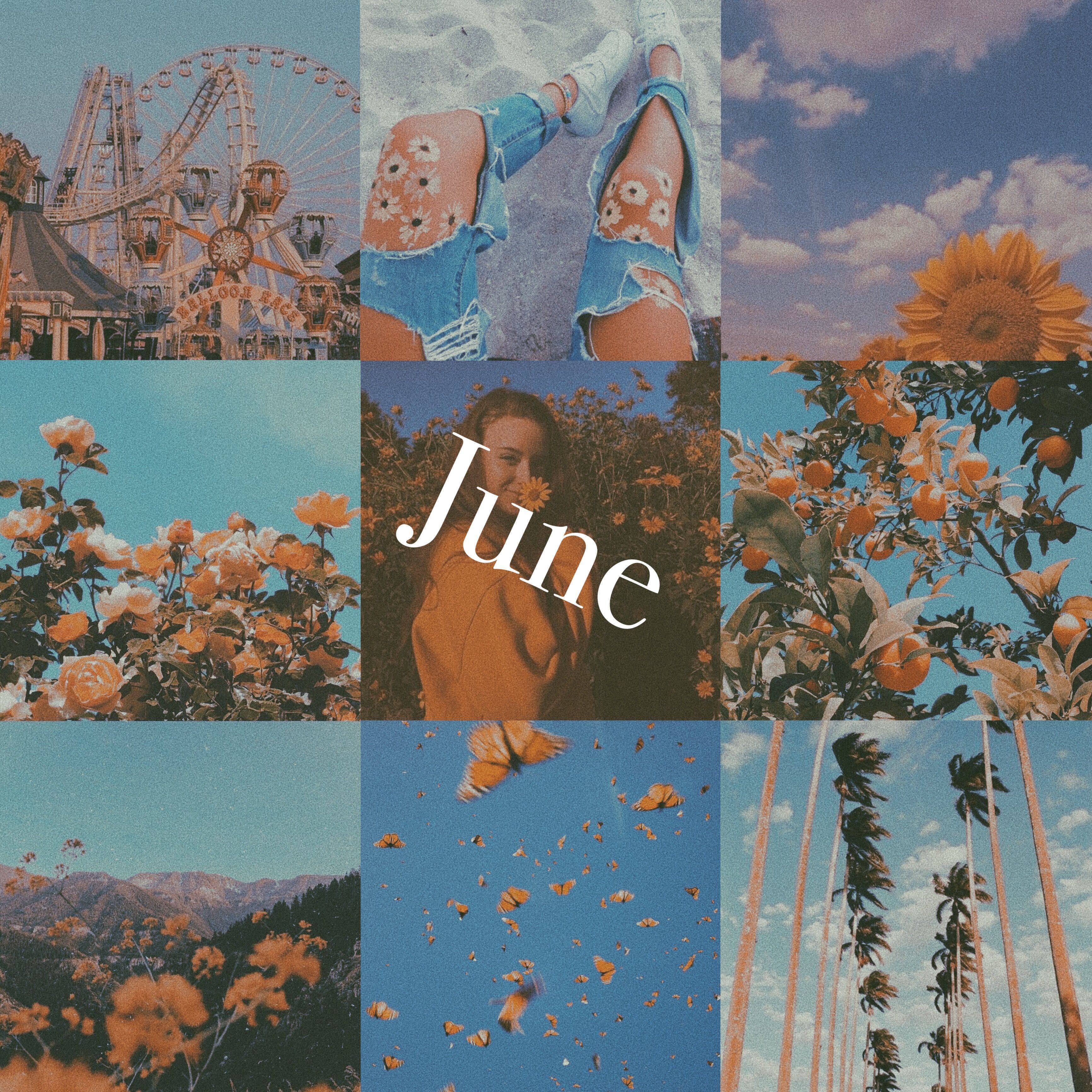 A collage of images including sunflowers, a ferris wheel, and a blue sky. - June