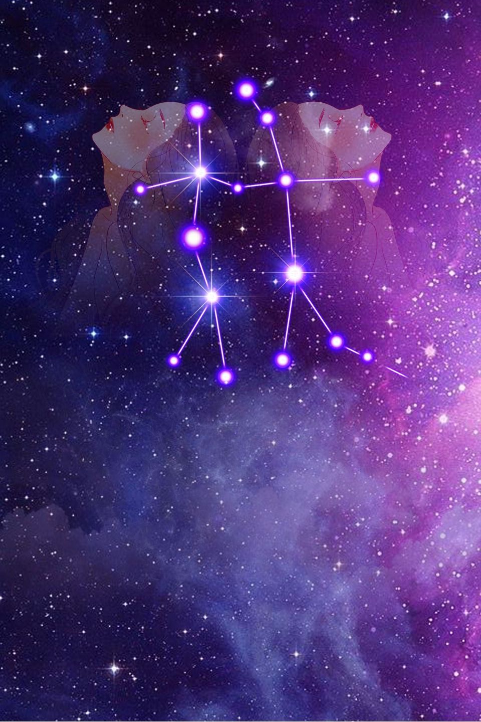The sign of Gemini, with two people holding hands, against a starry purple and blue background. - Constellation, Gemini