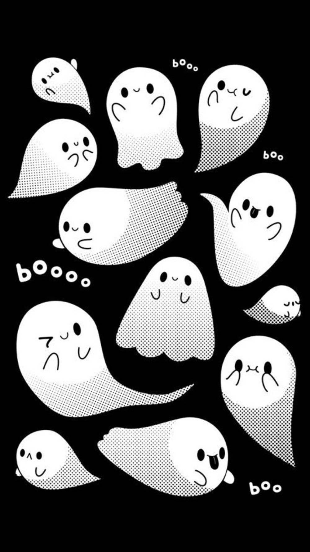 A set of cute ghost faces on black background - Ghost