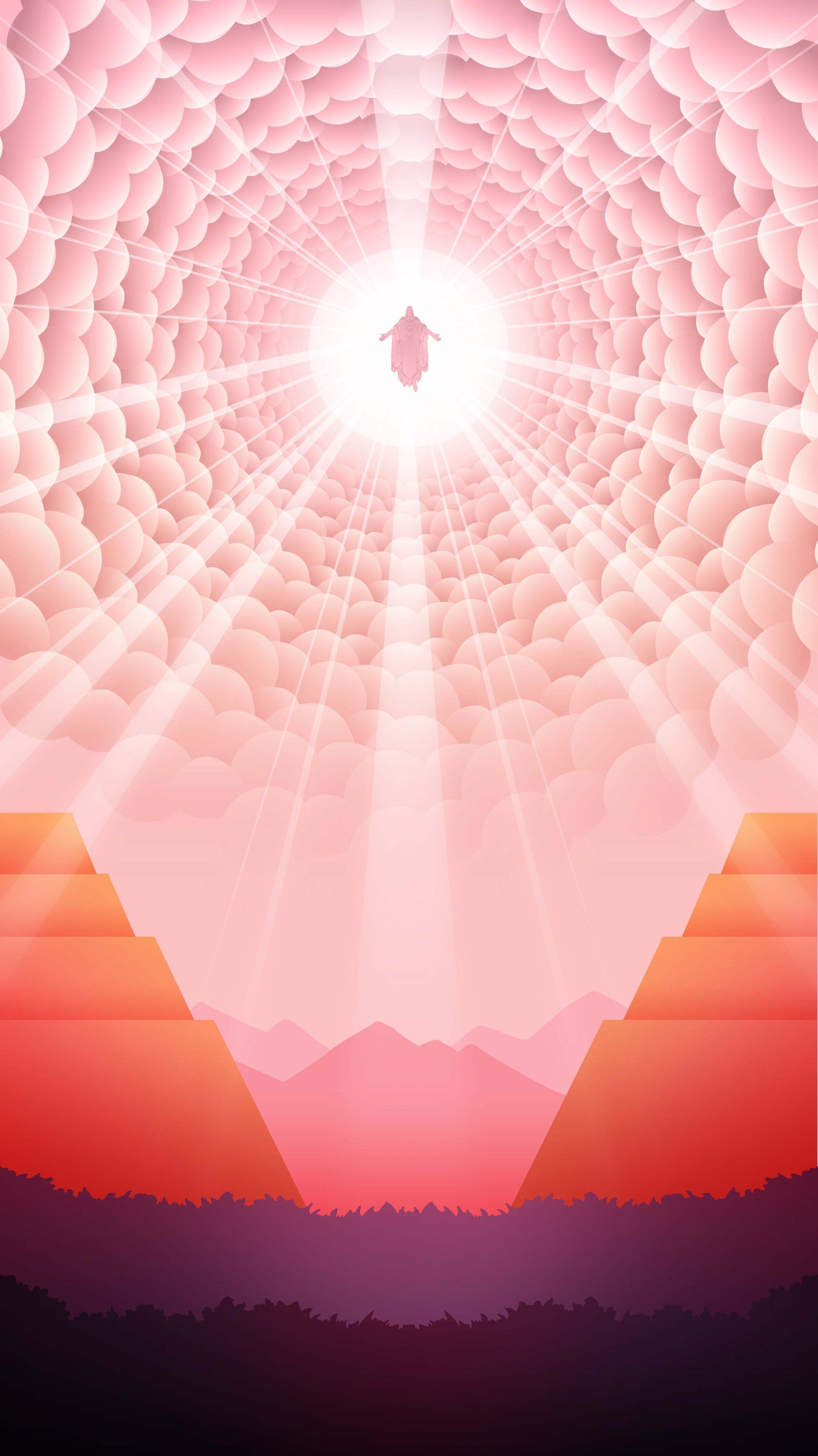 A person floating above clouds and mountains - Jesus