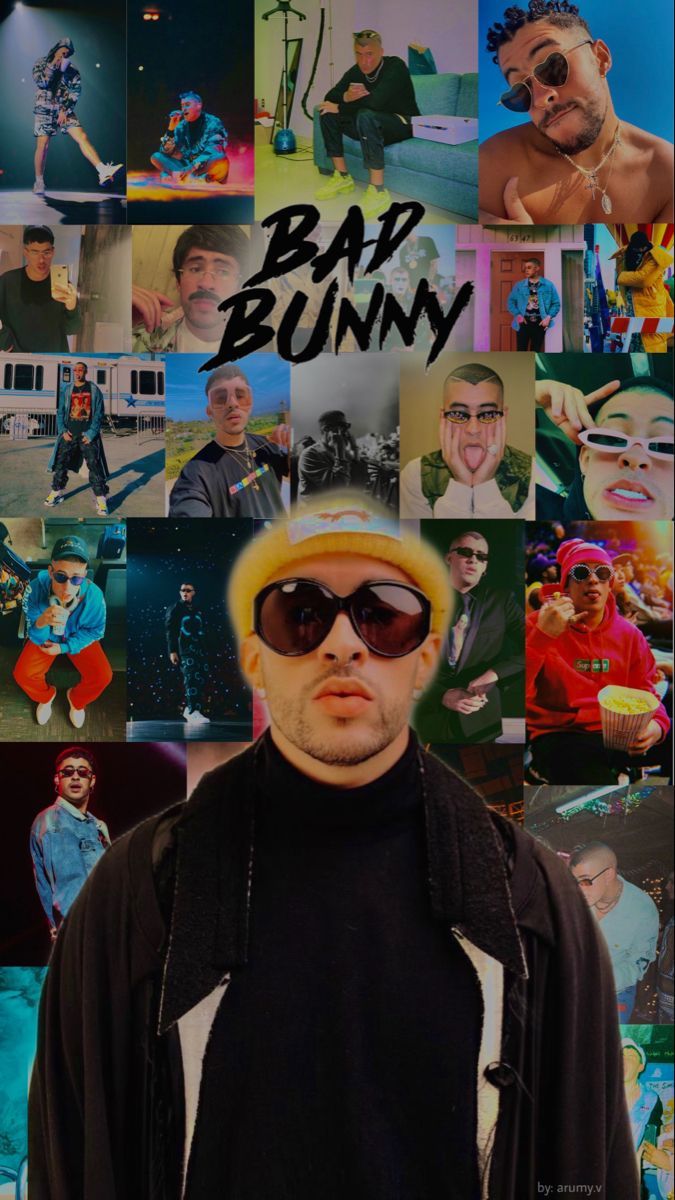 A man wearing sunglasses and sitting in front of many pictures - Bad Bunny