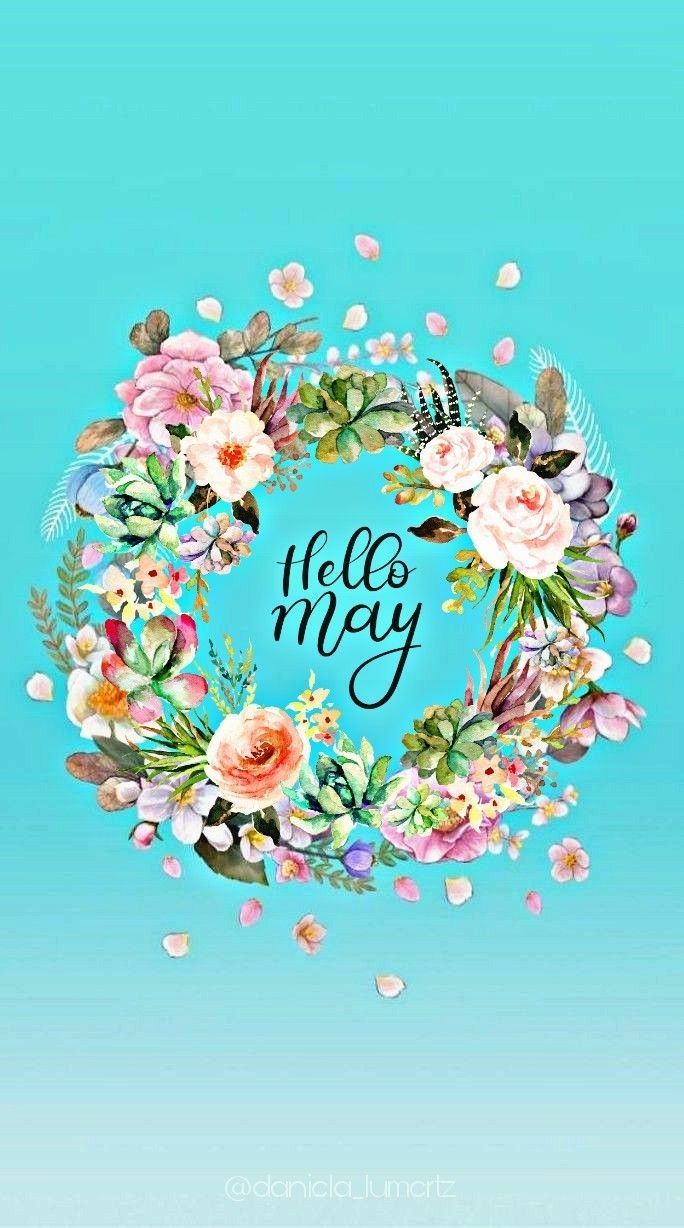 May wallpaper, hello may, wreath of flowers, blue background - May