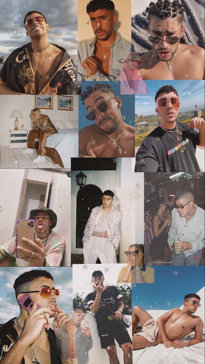 A collage of pictures with different people in them - Bad Bunny