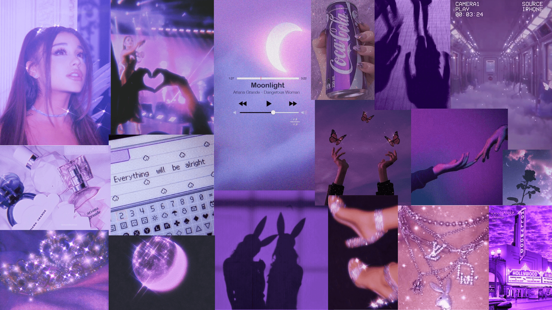 A collage of pictures that are purple - Ariana Grande