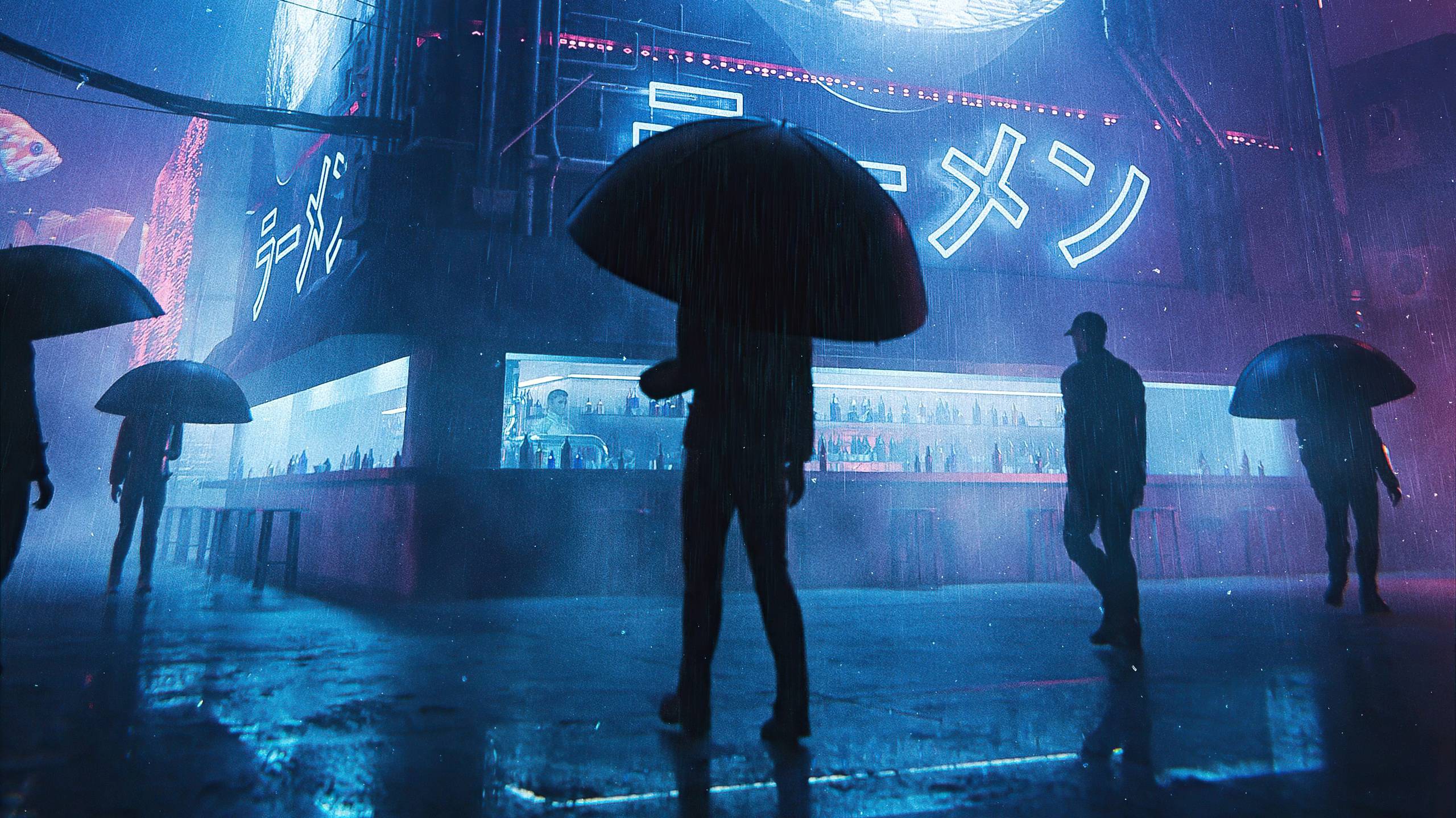 People walking in the rain with umbrellas in a futuristic city - Rain