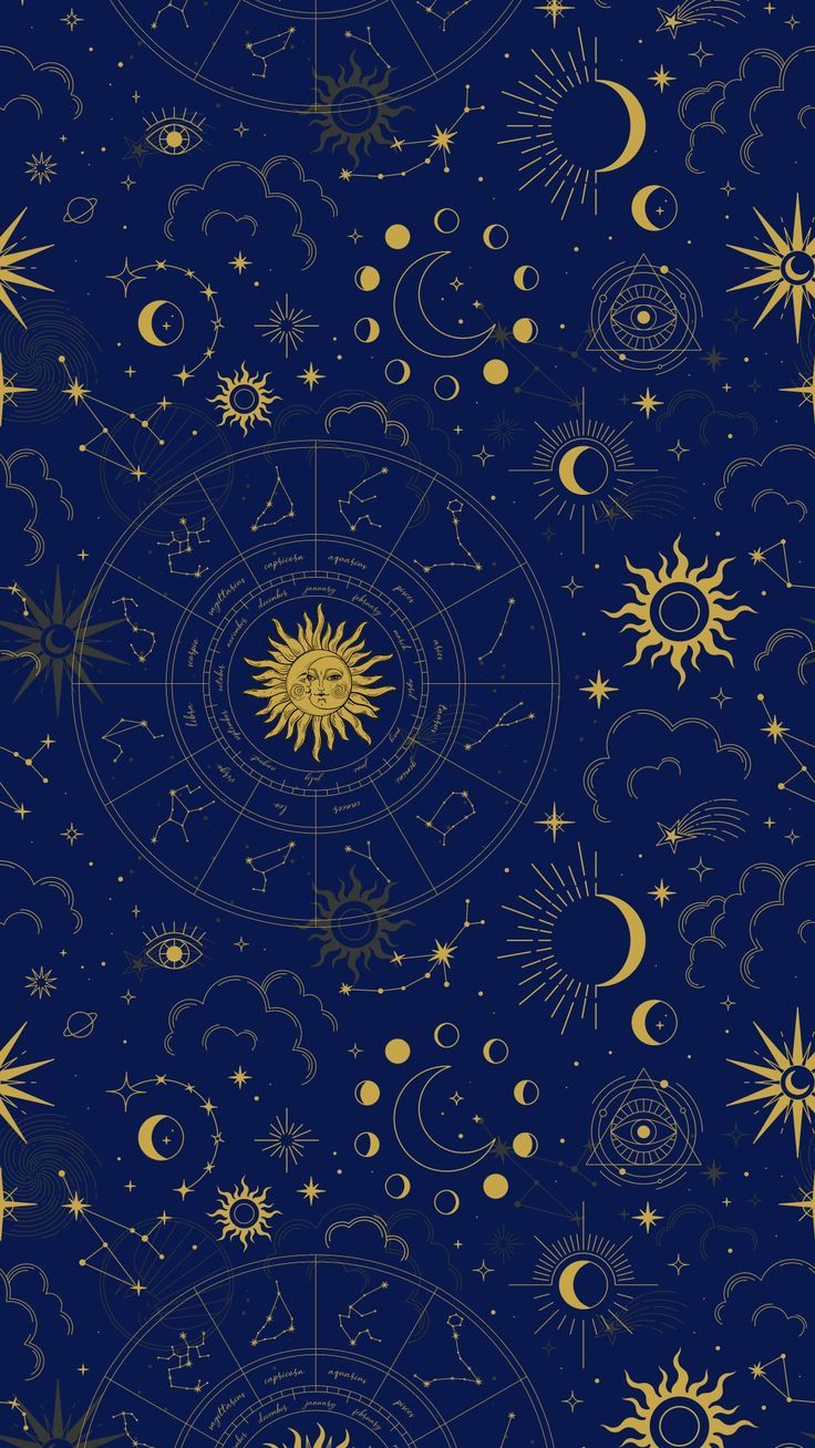 Navy blue wallpaper with gold suns, moons, and constellations - Constellation