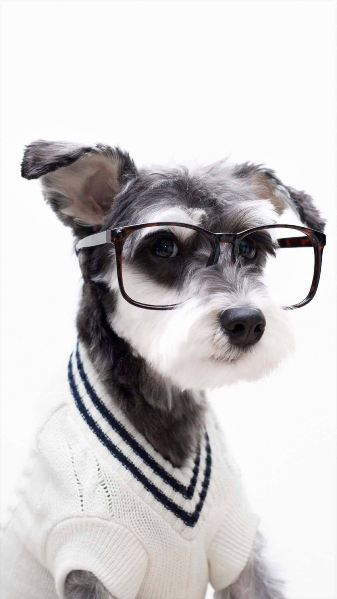 A dog wearing glasses and sitting on the floor - Dog