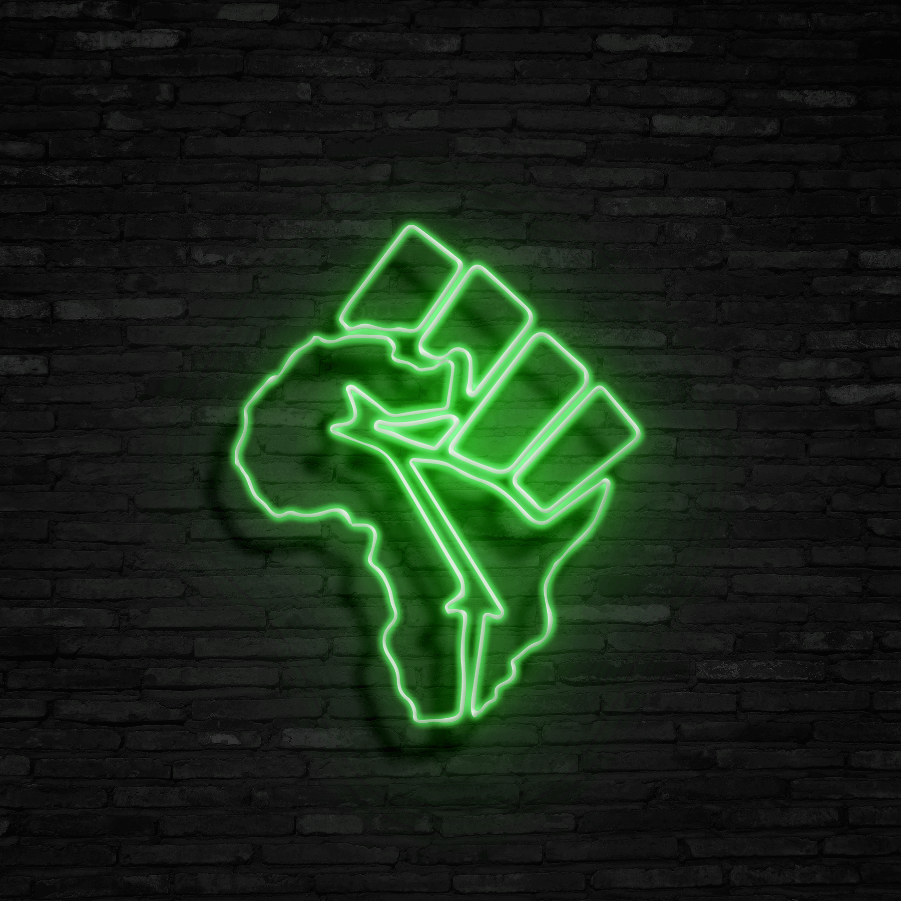 A neon sign of an afro hand with fist - Neon green