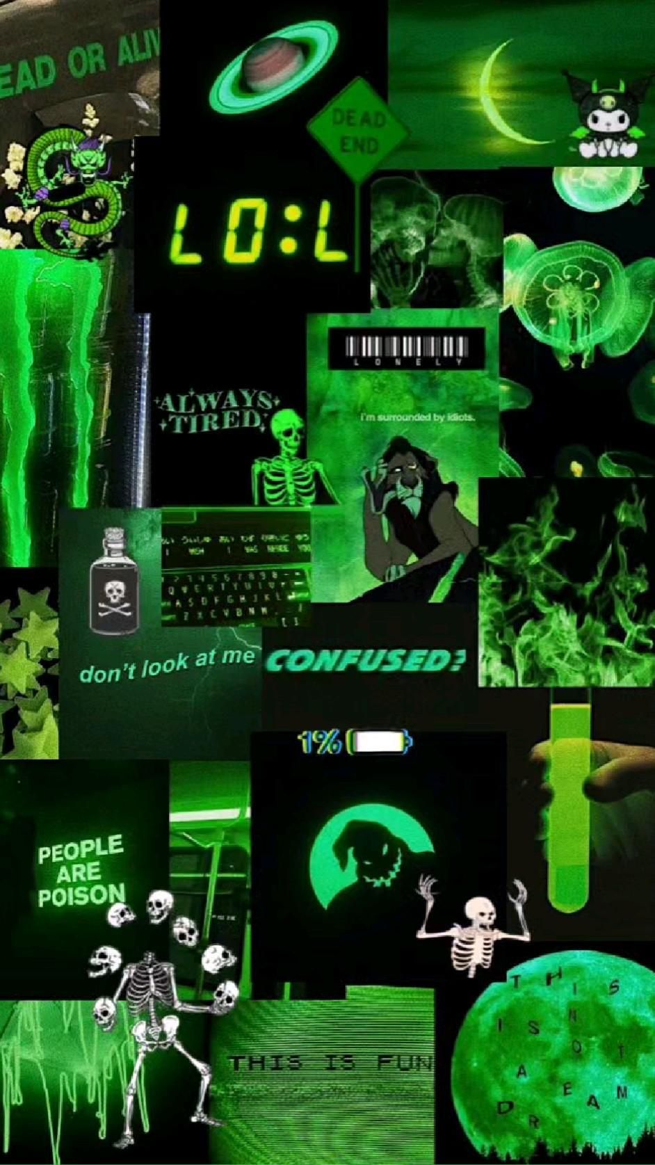 A collage of green glowing images with text - Neon green, lime green