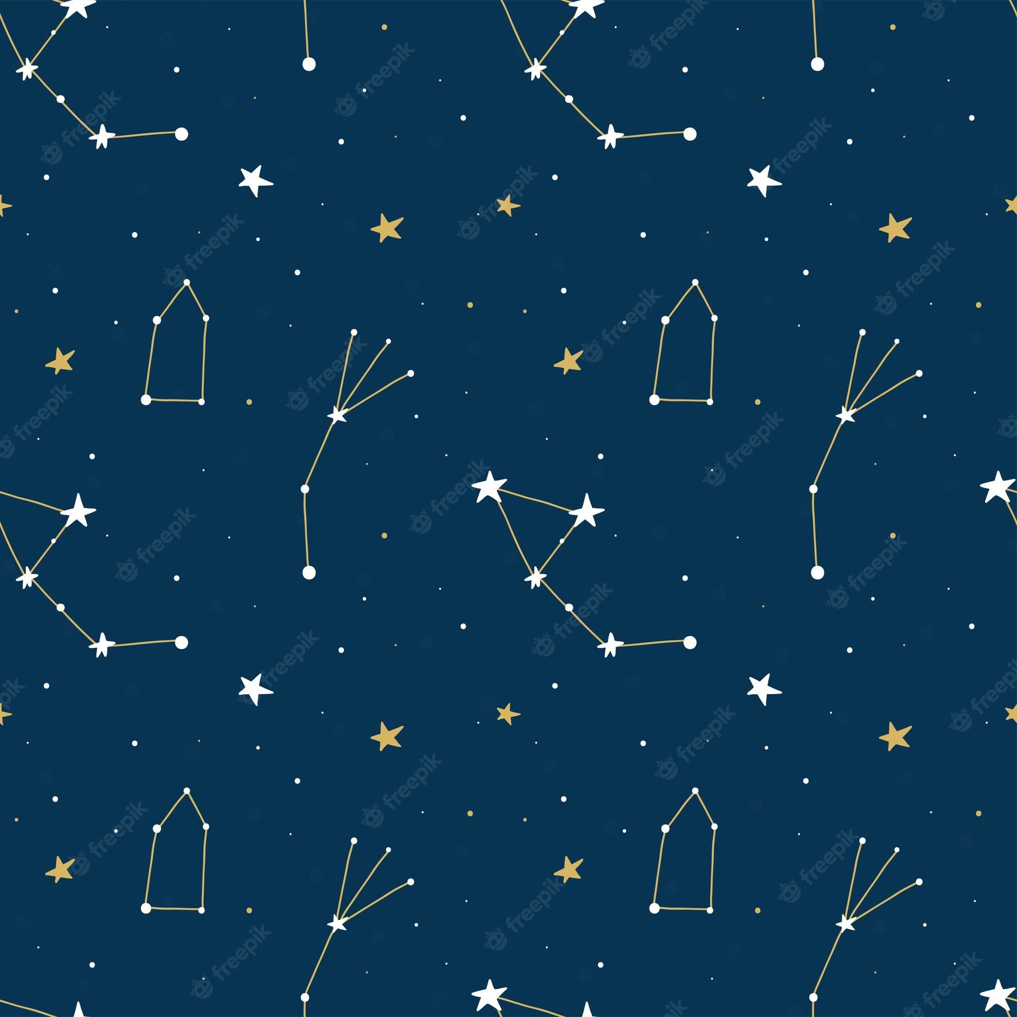 Premium Vector. Constellations and stars seamless pattern white and gold celestial objects on blue background space wallpaper astronomy and astrology backdrop zodiac horoscope elements vector isolated print