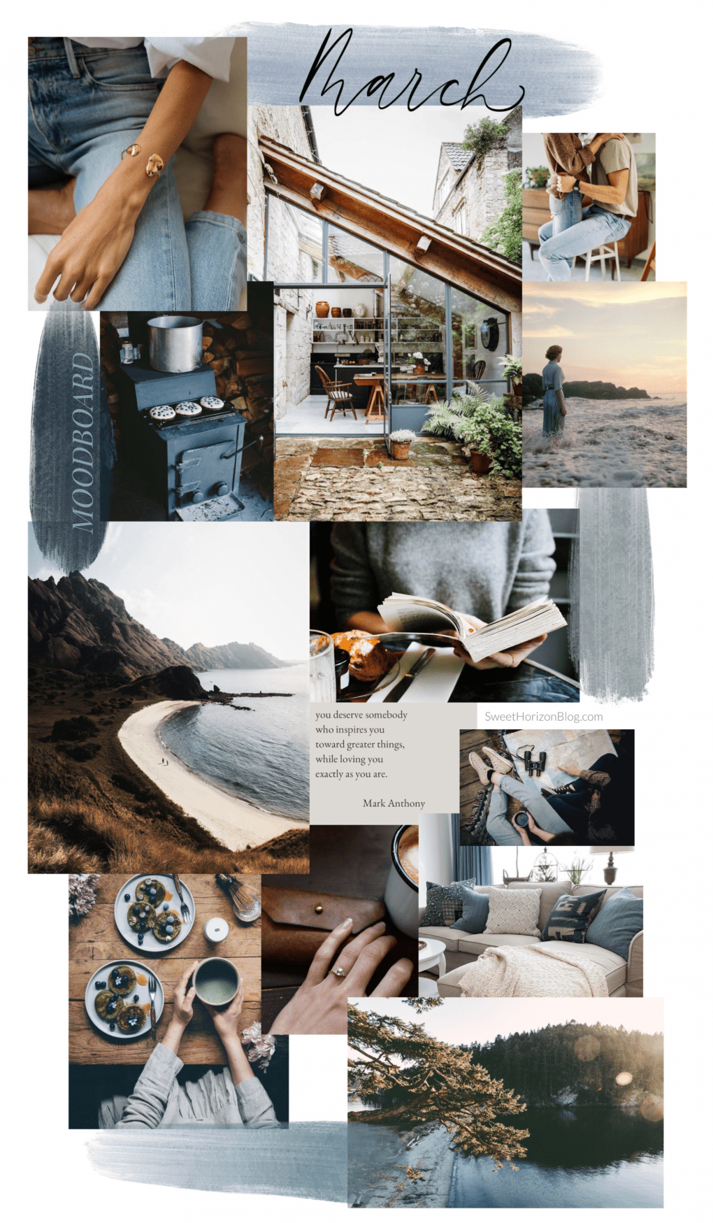 A collage of photos including coffee, nature, and a person sitting on a bench. - March
