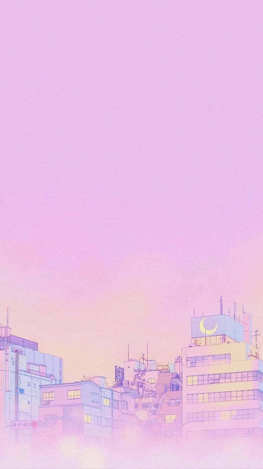 A purple city skyline with buildings and clouds - Pastel pink, pink anime