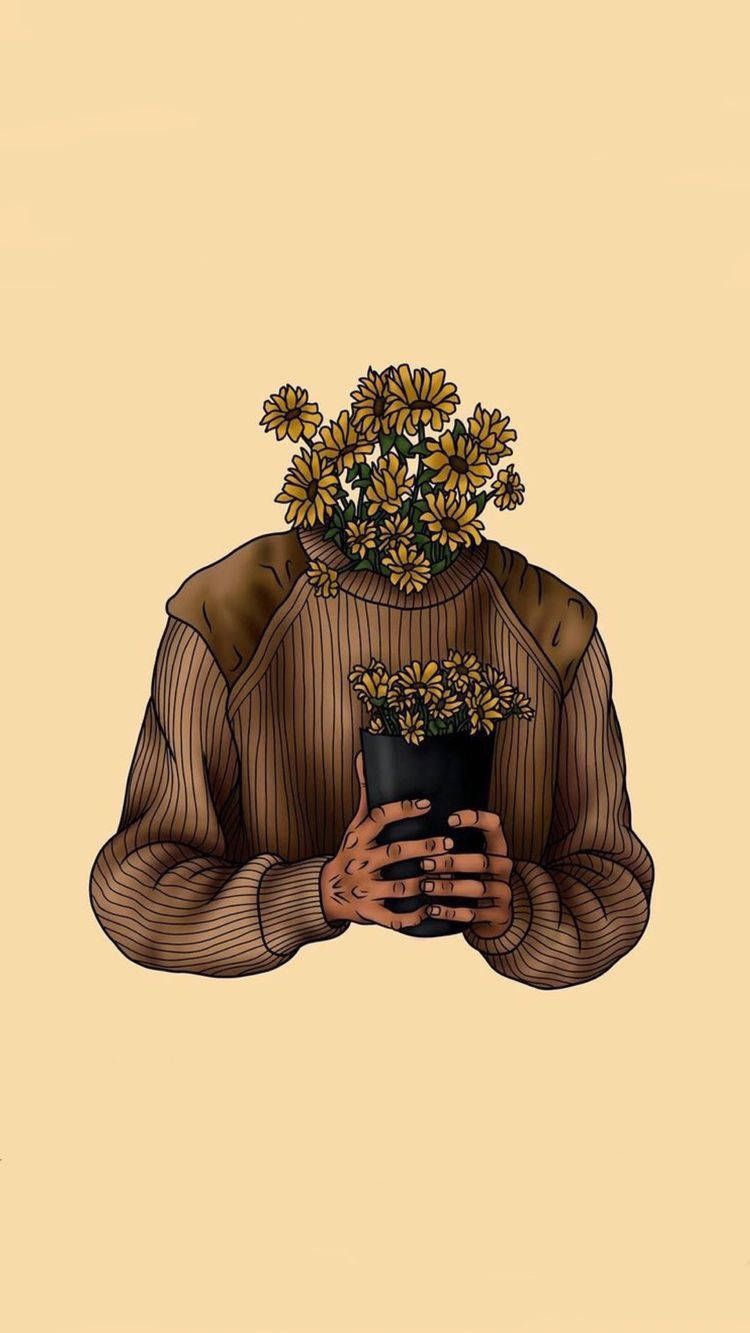 Artwork of a person holding a vase of flowers in front of their face. - Art, illustration