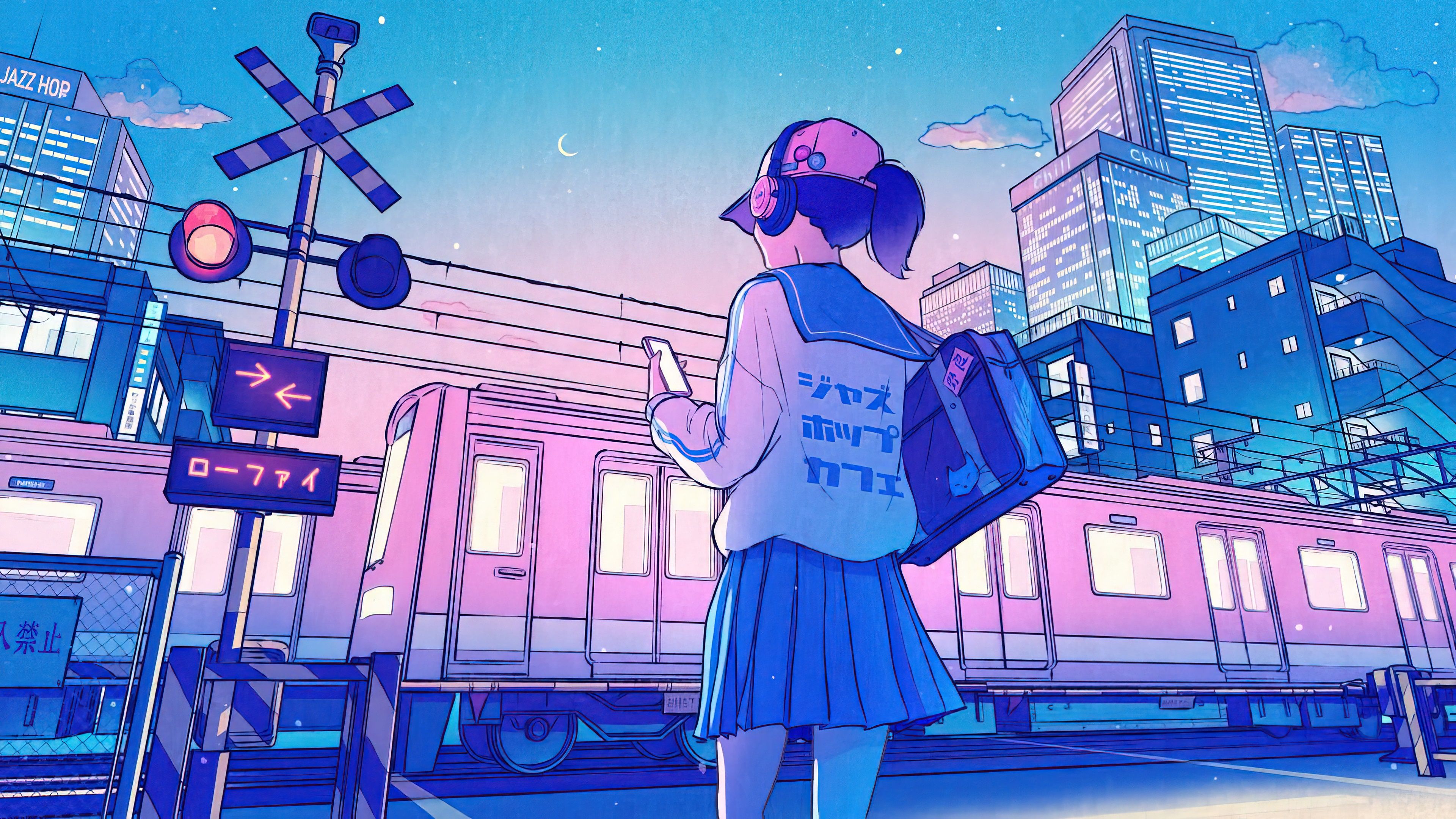 anime, girl, art, train, night, city, 4k Gallery HD Wallpaper