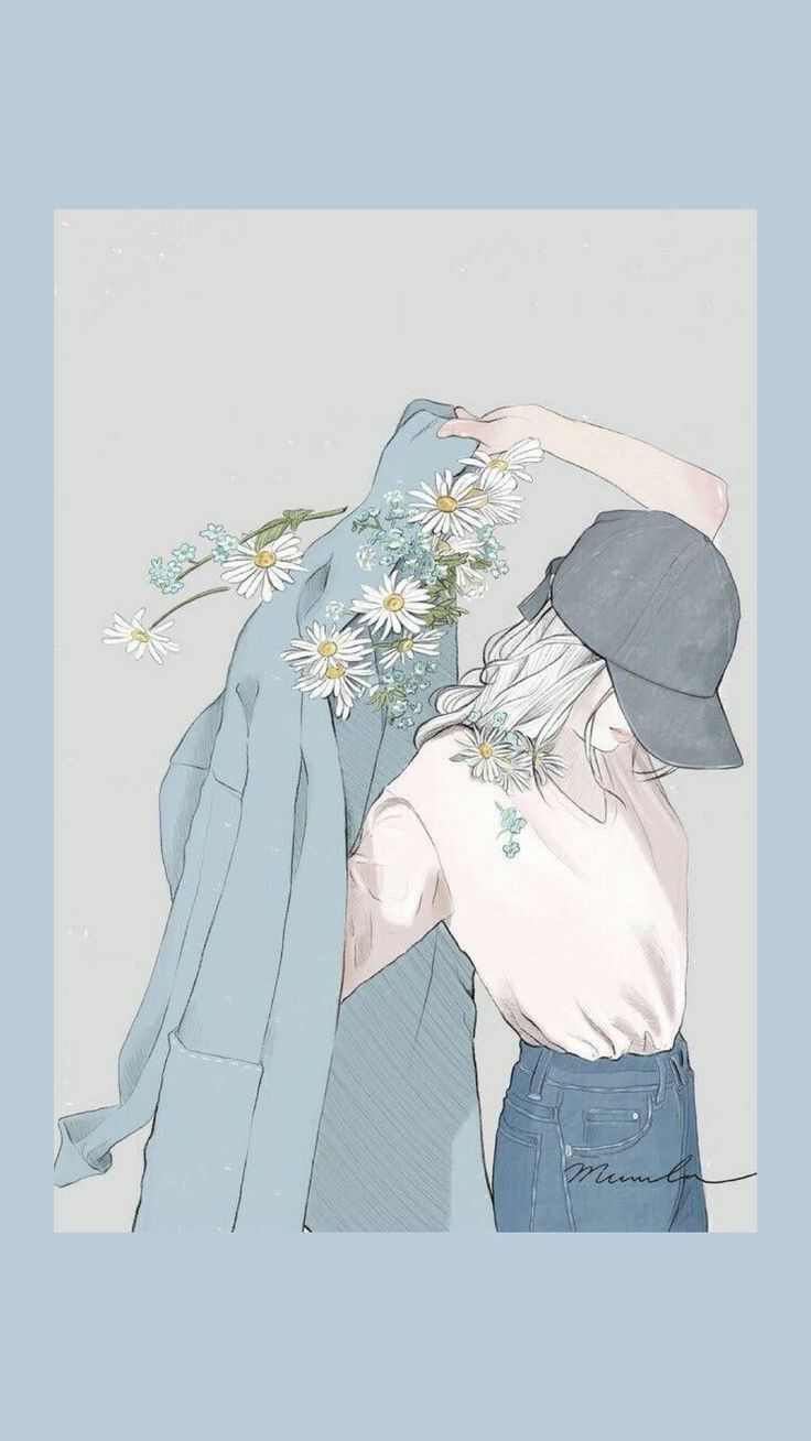 Wallpaper aesthetic background girl holding flowers behind her back blue aesthetic background - Art, illustration, anime girl