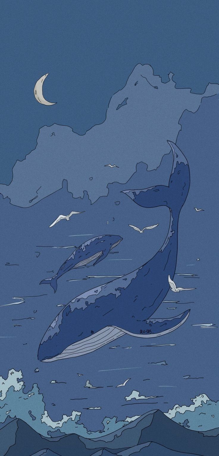 A whale swimming in the ocean at night - Art