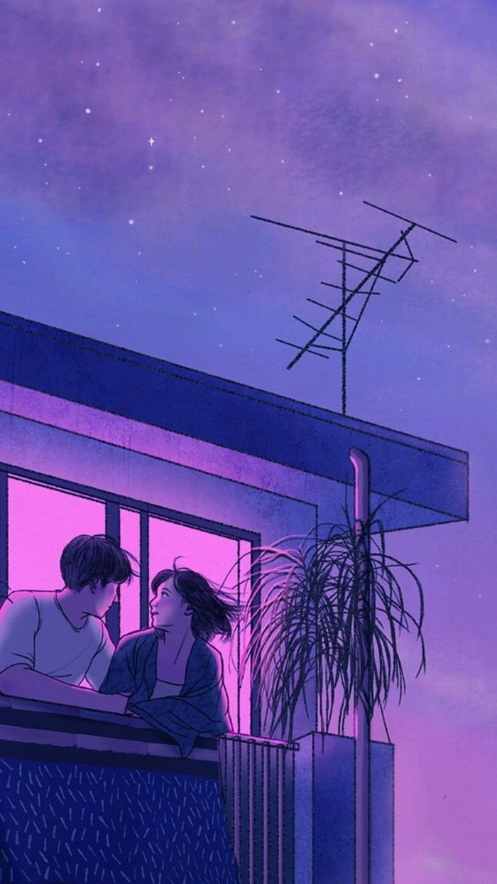 A couple sitting on the balcony looking at stars - Art