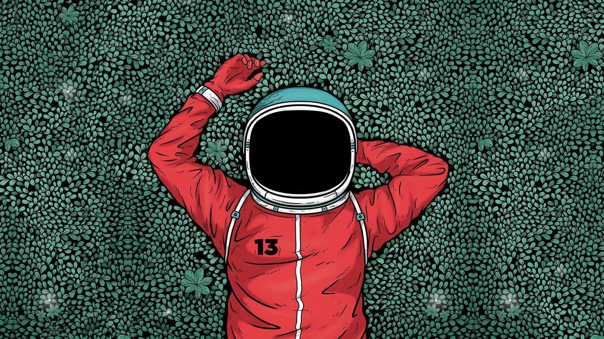 An astronaut is standing in a field of green plants - Astronaut