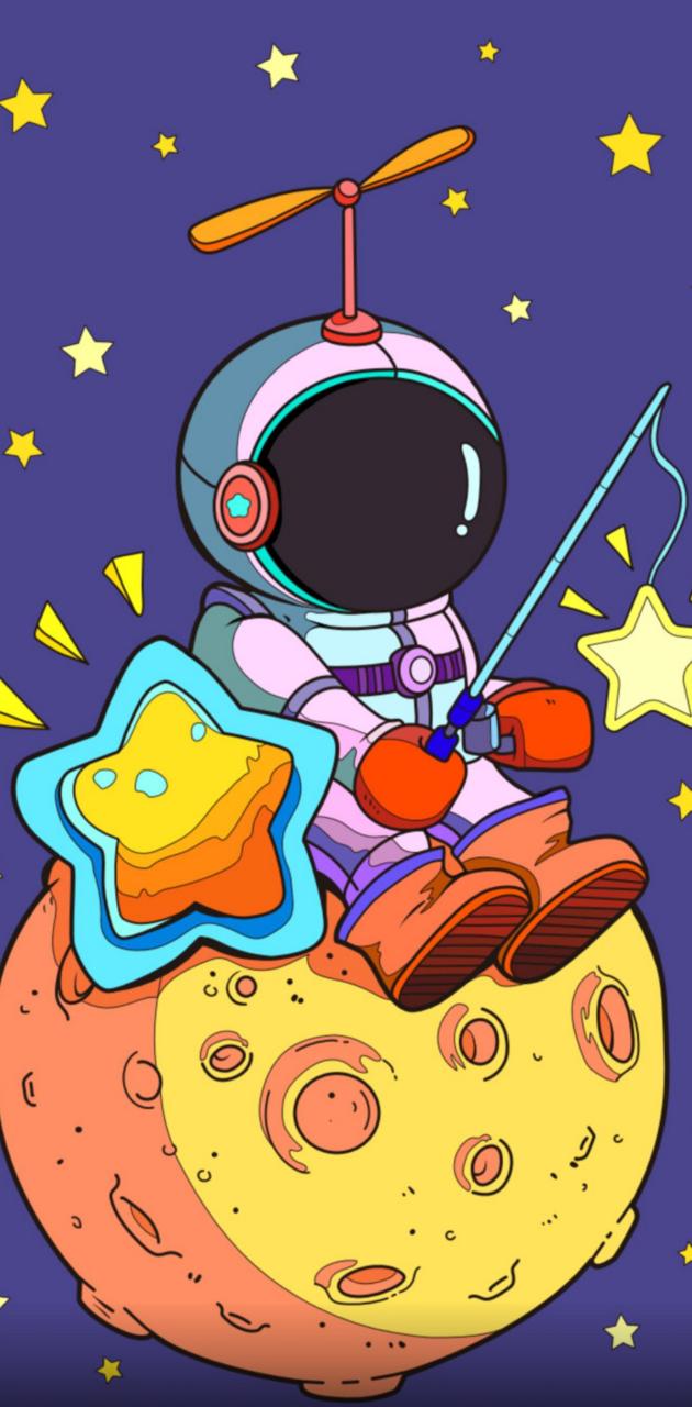 Cartoon of an astronaut sitting on a planet with a fishing rod. - Astronaut
