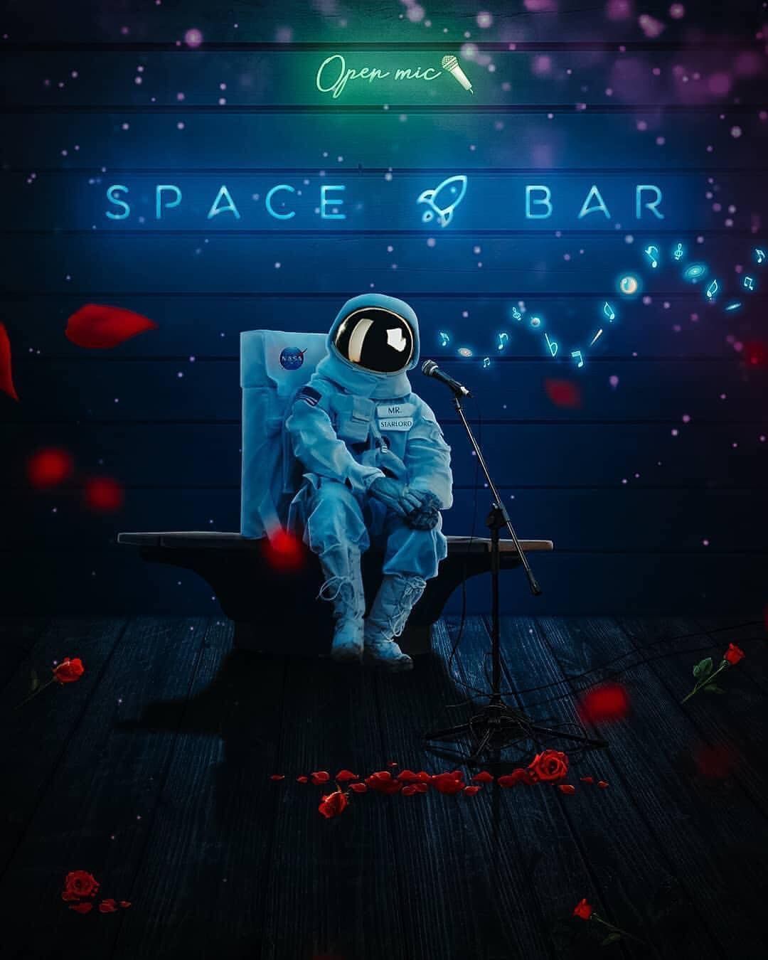 A space bar with an astronaut sitting on a bench - Astronaut