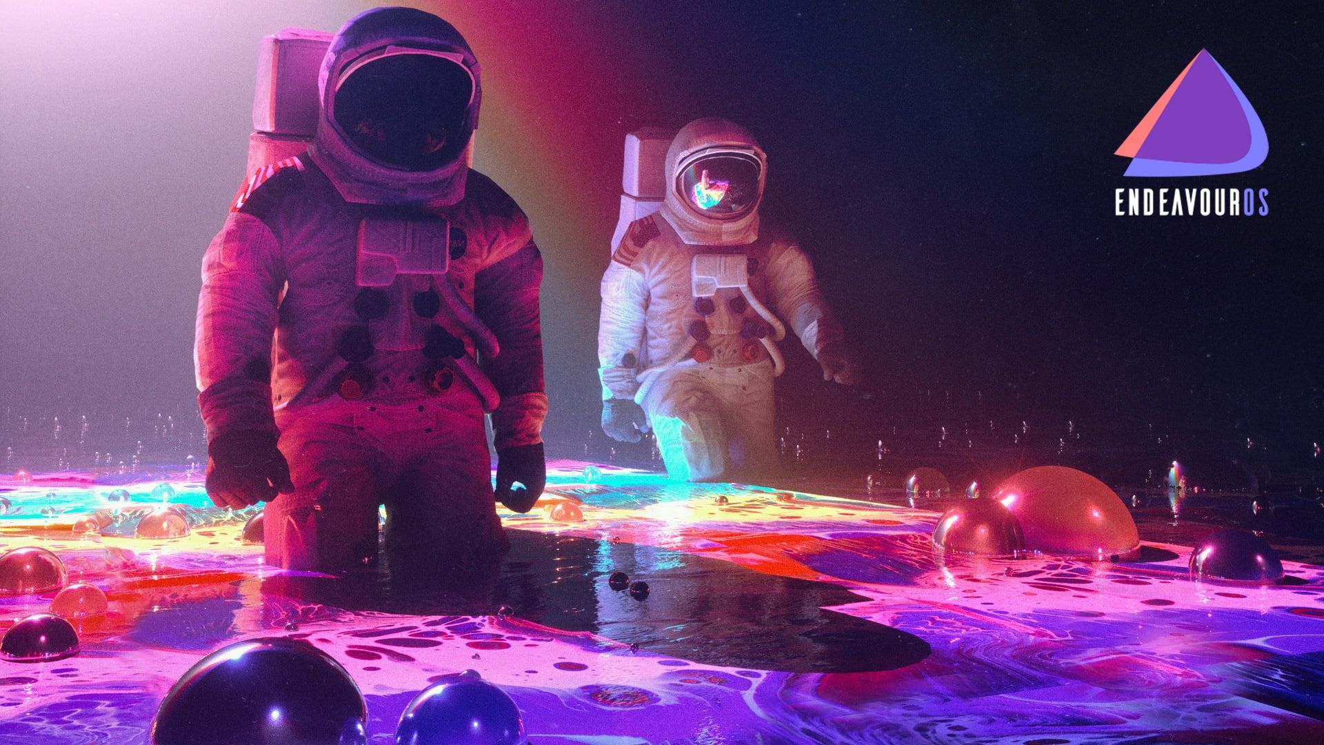 Two astronauts walking on a planet with neon lights - Astronaut