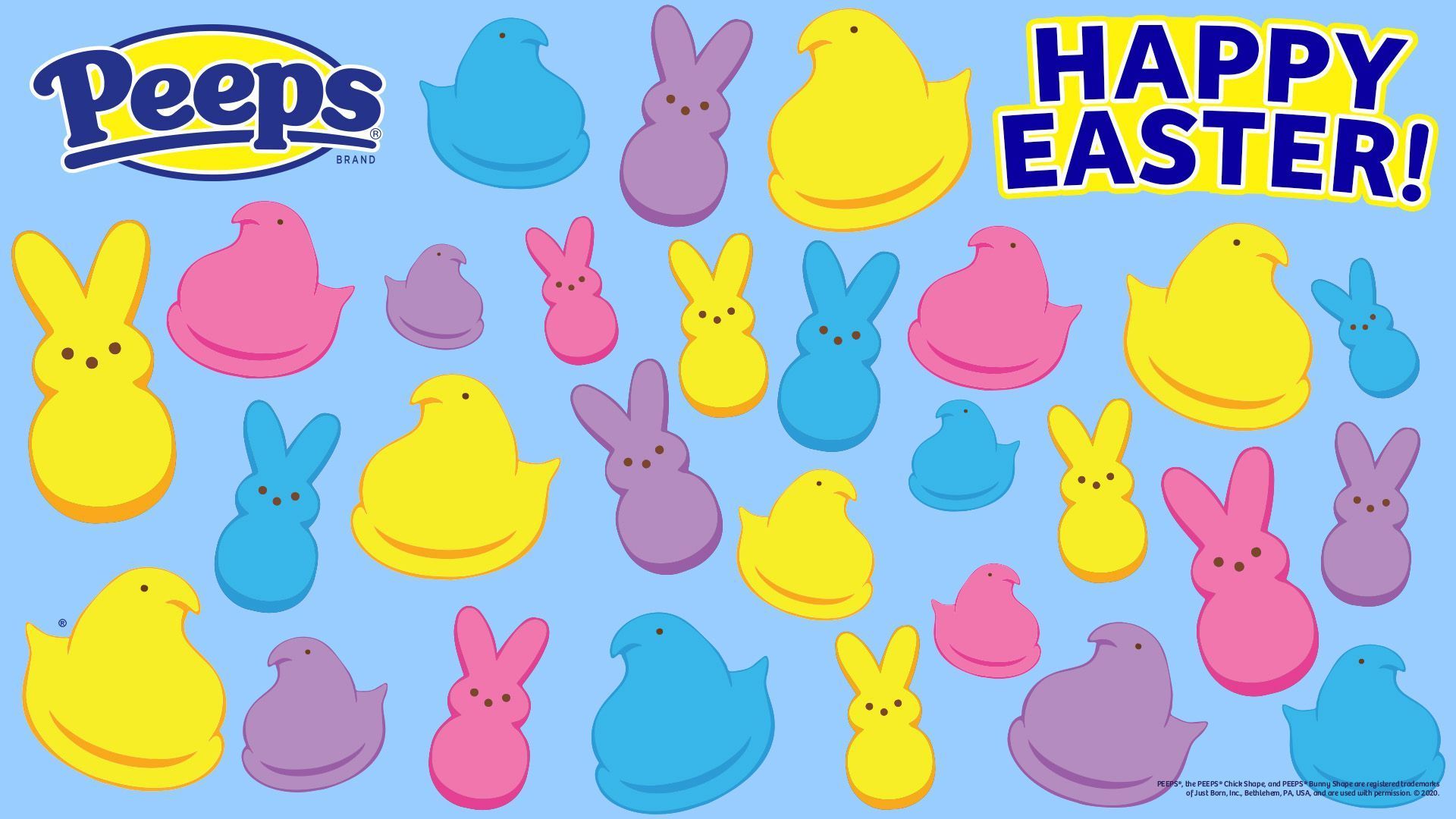 A blue background with a bunch of peeps on it. - Easter